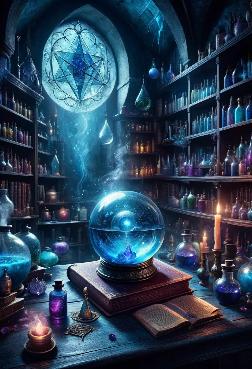 an illustrated poster， Abstract Realistic Oil Painting Style Cover， magic theme ，Blue tint， is full of magic，big magic witch hat，Magic crystal ball， has an open magic book on the desktop， is surrounded by many colored potions ，shelf，Magic Potion店，magical potions，Magic Potion， fantasy painting ，The Witcher Lab ， casting potions ， magical items ，Magic spells ，The mantra health potion painting ， casting potions ， the fantasy alchemy laboratory