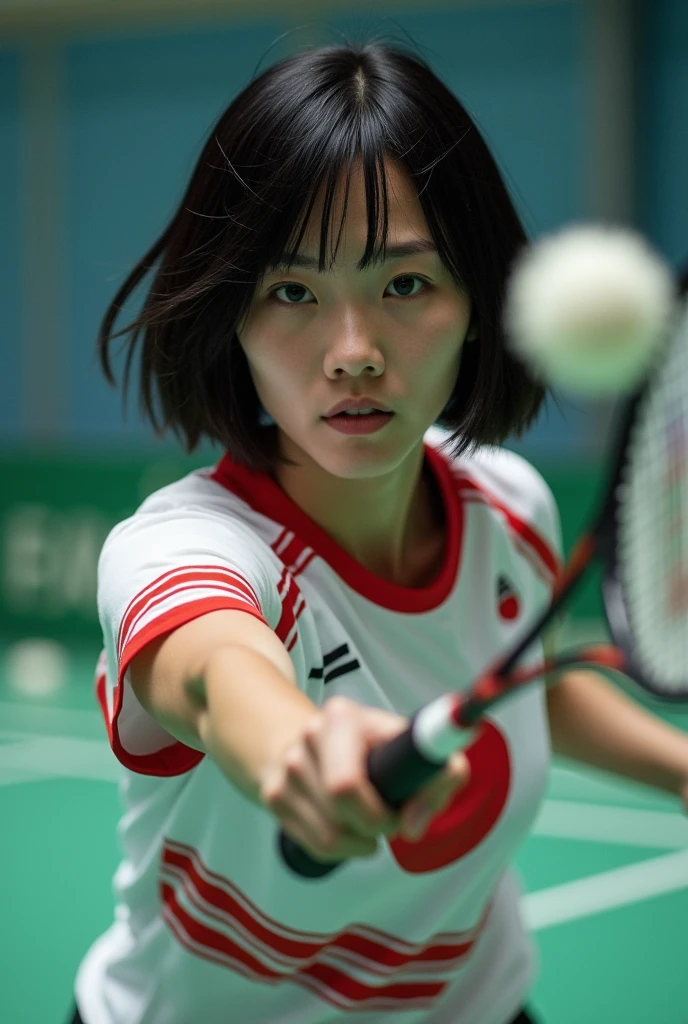 live-action、 real、Badminton player 、 very beautiful Japanese woman 、Black Hair、 short bob cut 、 Japanese badminton team uniform、badminton racket、Get Ready、 Dynamic Poses 、Shooting from below