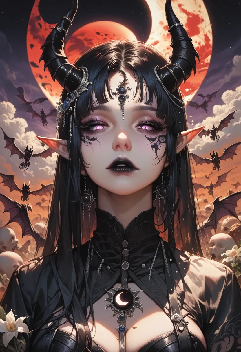 ((Masterpiece)), ((highres)), ((lunar eclipse background)), beautifully detailed woman, succubus female, long black hair, elf ears, detailed eyes, grey iris, long eyelashes, detailed facial features, black lipstick, demon horns, black jewels, large breast