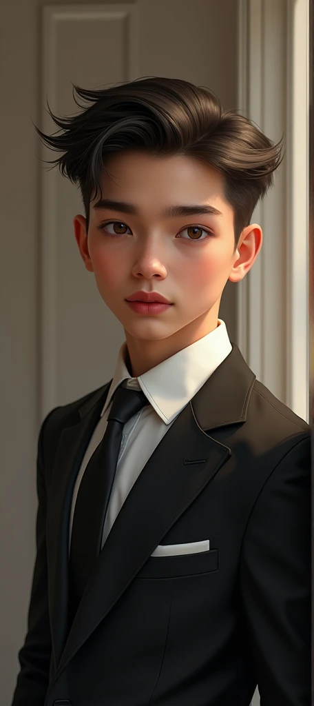 tmasterpiece, An Asian boy,wear suit ,Black socks,leather shoes,schools,wide angles,God perspective