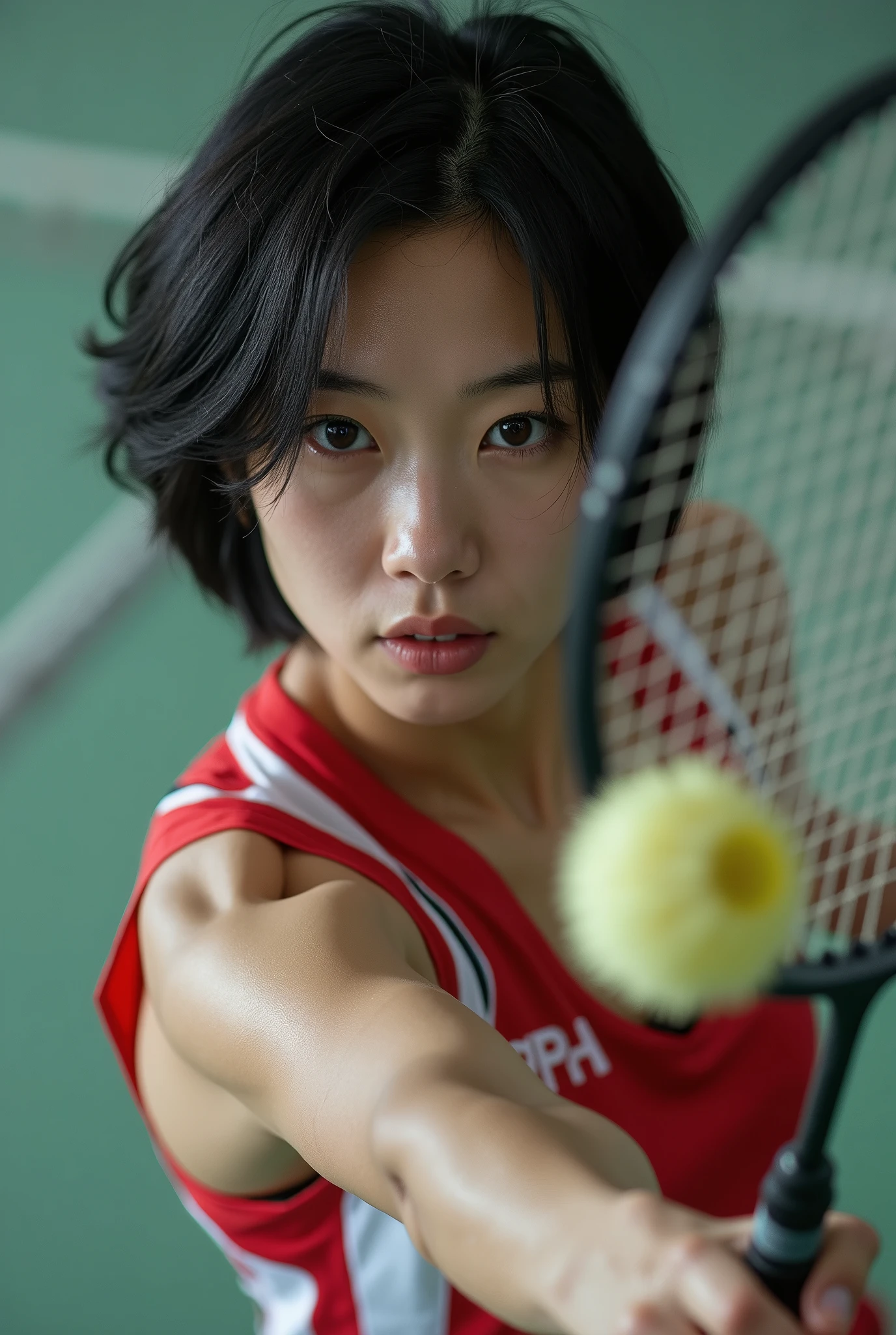 live-action、 real、Badminton player 、 very beautiful Japanese woman 、Black Hair、 short bob cut 、 Japanese badminton team uniform、badminton racket、Get Ready、 Dynamic Poses 、Shooting from below