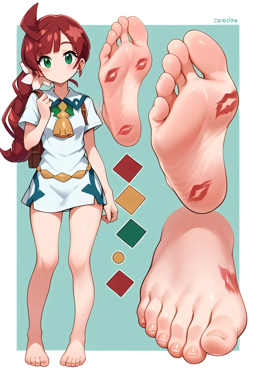 Character Reference Sheet, ConceptArt, cute christmas girl, short dress ,foot focus sole , kiss marks all over barefoot sole, Character Sheet, The same character