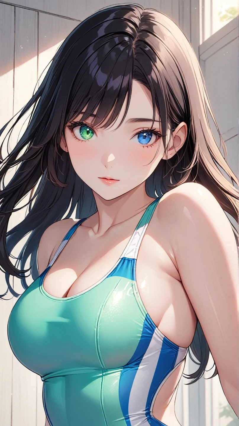 (1girl:1.3), (solo:1.3), (high quality, masterpiece, crisp details), (tall, mature slim body:1.3), (cute face:1.3), clear skin, (white competition swimsuit:1.7), BREAK delicate features, vibrant colors, (beautiful eyes:1.3), (black hair long straight perm hear:1.7), BREAK (forehead:1.3), (low hair volume:1.3), (Parted Bangs:1.3), shiny hair, BREAK (beautiful detailed face:1.3), (symmetrical face:1.3), (face shot:1.3), (frount view:1.3), (extreme close-up:1.3), (focus on face:1.3), (bust-up shot:1.3), (tighter framing:1.3), looking at viewer, (animation style:1.3), slender body,(sexy body:1.3), (beautiful body:1.3), (medium breasts:1.3), (Beautiful breasts:1.3), (cleavage:1.3), Beautiful clavicle, Ecstasy,BREAK, arched back BREAK ((Her right eye is clear green and her left eye is clear blue:1.7)), BREAK (heterochromia), BREAK indoors, Plain background,