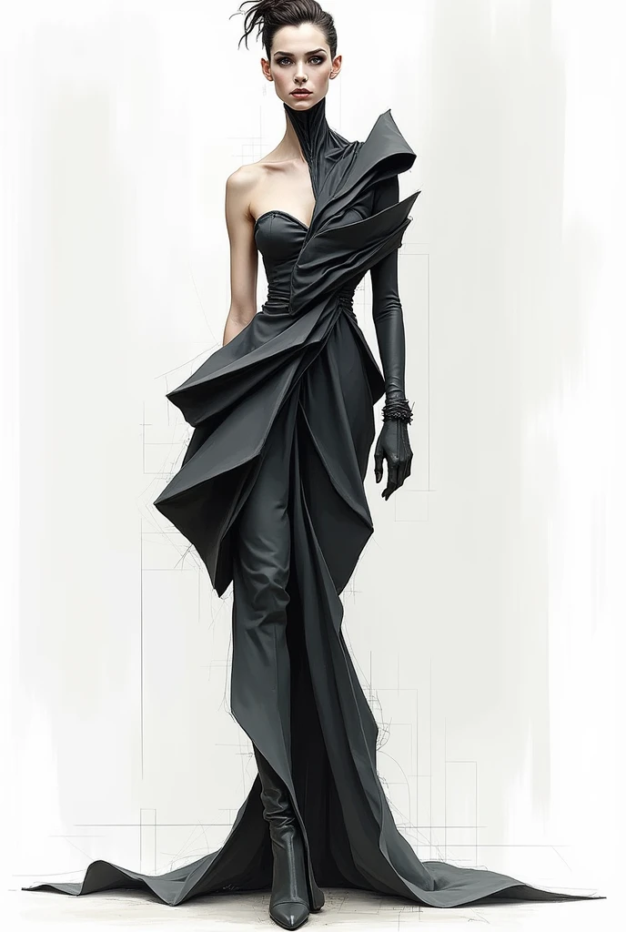 "Produce AI art that portrays a fashion model walking on an abstract, otherworldly runway with unconventional materials, creating an avant-garde atmosphere."