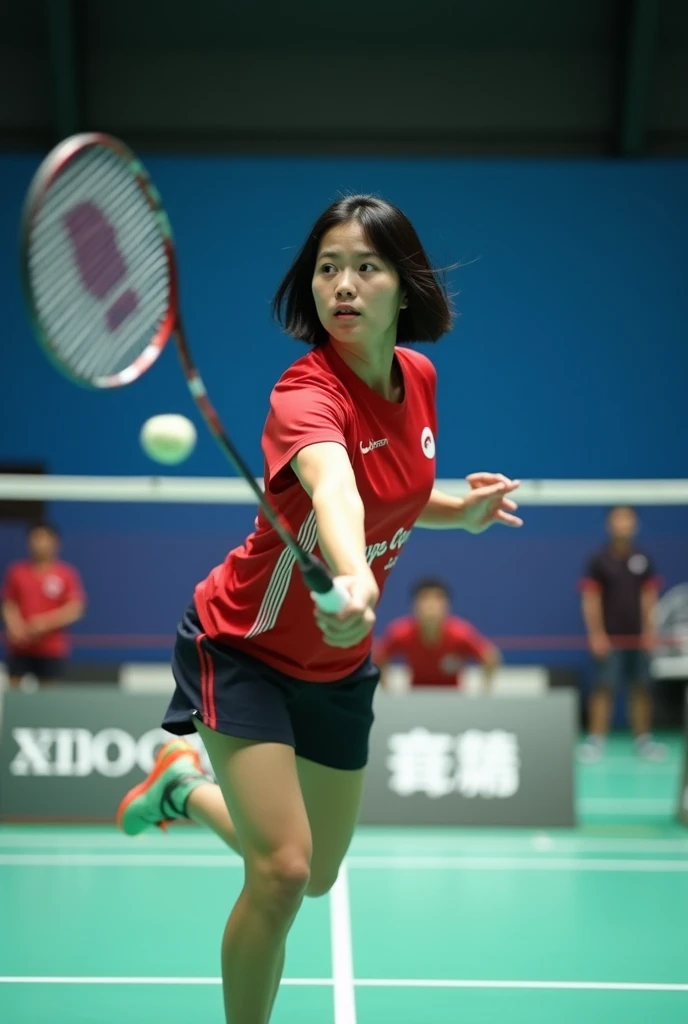 live-action、 real、Badminton player 、 very beautiful Japanese woman 、Black Hair、 short bob hair、 Japanese badminton team uniform、badminton racket、Smash practice、 Dynamic Poses 、 taken from the front