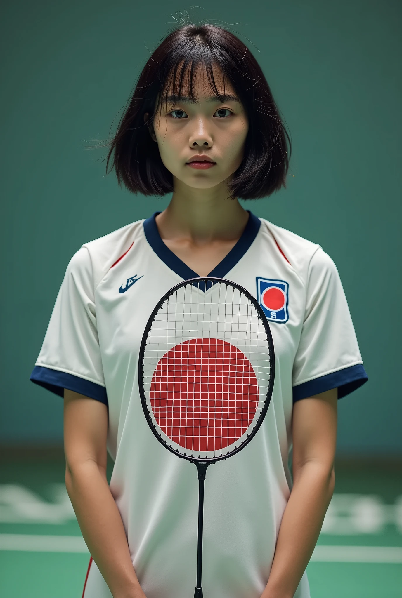 live-action、 real、Badminton player 、 very beautiful Japanese woman 、Black Hair、 short bob hair、 Japanese badminton team uniform、badminton racket、Get Ready、 Dynamic Poses 、 taken from the front