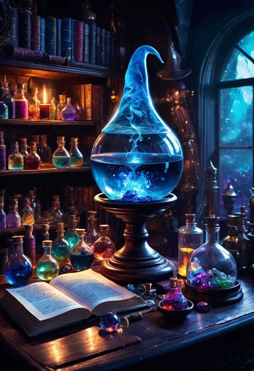 an illustrated poster， Abstract Realistic Oil Painting Style Cover， magic theme ，Blue tint， is full of magic，The big magic witch hat is on top of the magic crystal ball， has an open magic book on the desktop， is surrounded by many colored potions ，shelf，Magic Potion店，magical potions，Magic Potion， fantasy painting ，The Witcher Lab ， casting potions ， magical items ，Magic spells ，The mantra health potion painting ， casting potions ， the fantasy alchemy laboratory
