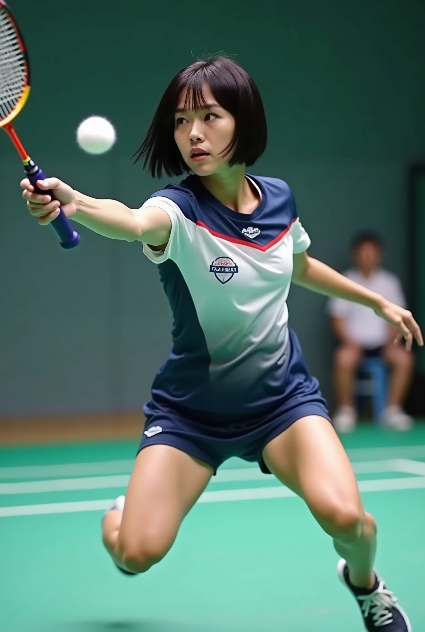 live-action、 real、Badminton player 、 very beautiful Japanese woman 、Black Hair、 short bob hair、 Japanese badminton team uniform、badminton racket、Smash practice、 Dynamic Poses 、 taken from the front