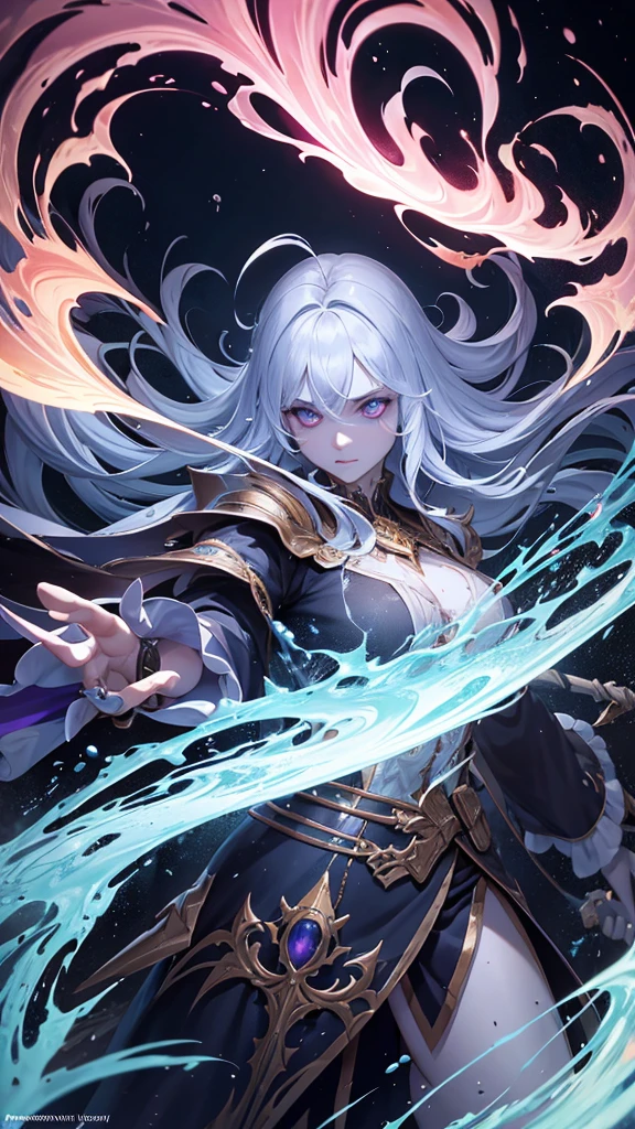 only, super fine photo, Unreal Engine 5 8K UHD digital artistic portrait of a man, conceptual art, character concept design, , bright white dress with metallic details, golden crown, blue eyes, dark wizard, metal glove, long blonde hair, The best quality, Masterpiece, super detailed, sharp focus, dynamic pose