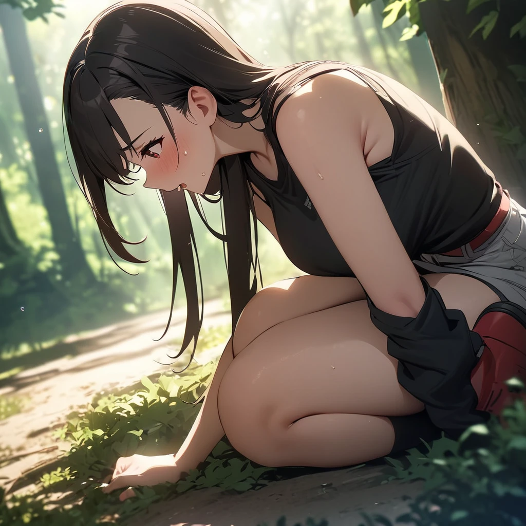  one girl playing pranks , masterpiece, Best Quality,  Tifa Lockhart  、 high resolution on down、In the woods、 Light Shines In 