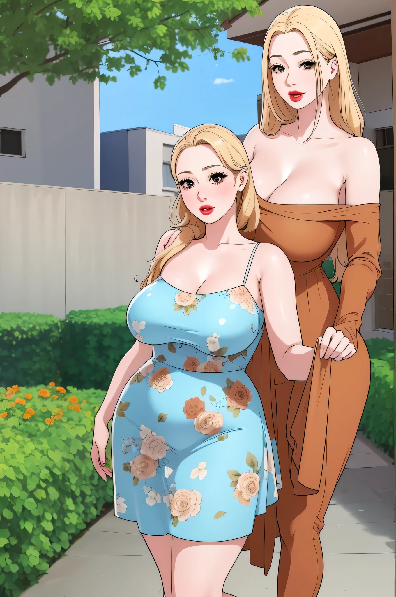 Extremely beautiful sexy woman, pale blonde hair, big brown eyes, plump red lips, wearing a sky-blue floral long sleeveless strap dress and a brown cardigan worn in an off-shoulder style, standing straight, hands joined together, looking at viewer, beautiful cute smile, garden background, show full body from head to feet.