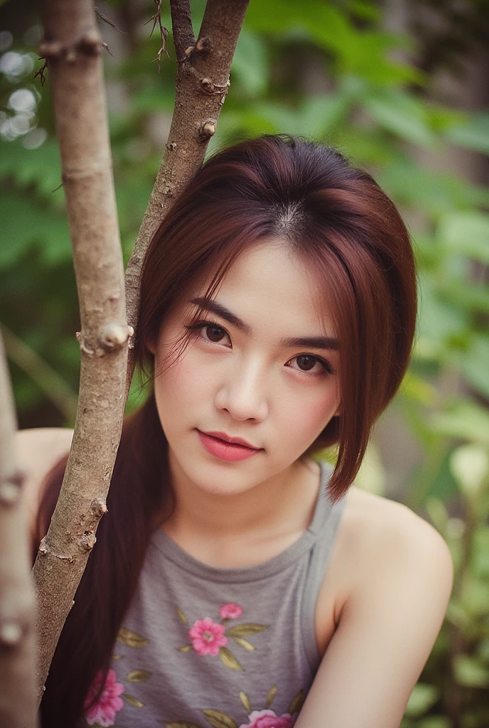 A nostalgic snapshot of a ravishing Thai woman, her curves accentuated by the tree's dappled shade, as afternoon sunlight filters through the leaves, casting intricate patterns on her features. The warm glow highlights her piercing eyes and plush lips, rendering her stunningly beautiful. A vintage film camera captures this retro gem, complete with a handwritten caption and date, transporting us back to 1985.