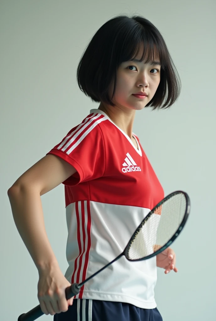 live-action、 real、Badminton player 、 very beautiful japanese schoolgirl、Black Hair、 short bob hair、 Japanese badminton team uniform、badminton racket、Get Ready、 Dynamic Poses 、profile、gyro