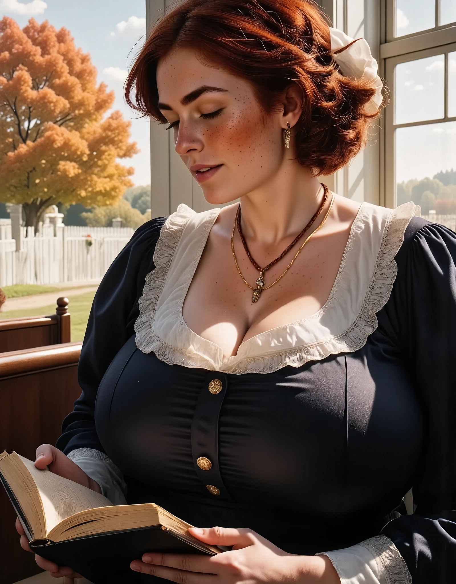 Photorealistic, cinematic style, a picture of a beautiful British woman in a puritan woman's outfit. (a pilgrim woman outfit). She has black dress buttoned up, white puritan coif on her head, and humble white capelet on her shoulders.  white apron. She's sitting in the pew of a white pioneer church. Holding hymnal and singing. She's got brown eyes, downturned eye shape, light skin and freckles, reddish-brown hair. perfect hand,HDR, intricate details. Outside is Autumn. Through the church window visible Yellow and red maples, crisp blue sky. 
