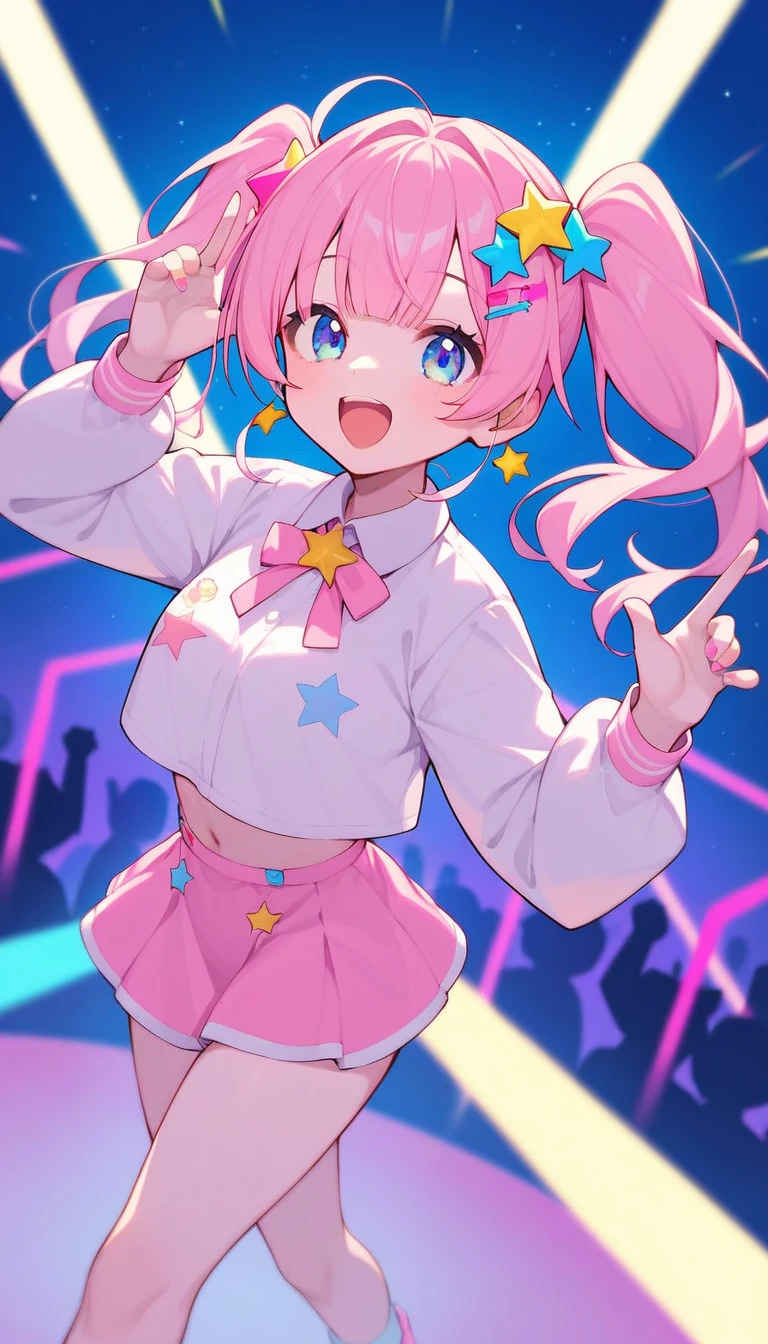   portrait of Virtual Idol, pastel colors, open mouth, long hair, star , (symbol), star hair ornament, hair ornament, twintails, looking at viewer, blue eyes, pastel neon lighting, source_anime, neon, neon theme, On a stage set up above a huge city, a 3D projected virtual idol is singing and dancing, and the crowd goes wild for her dynamic performance,