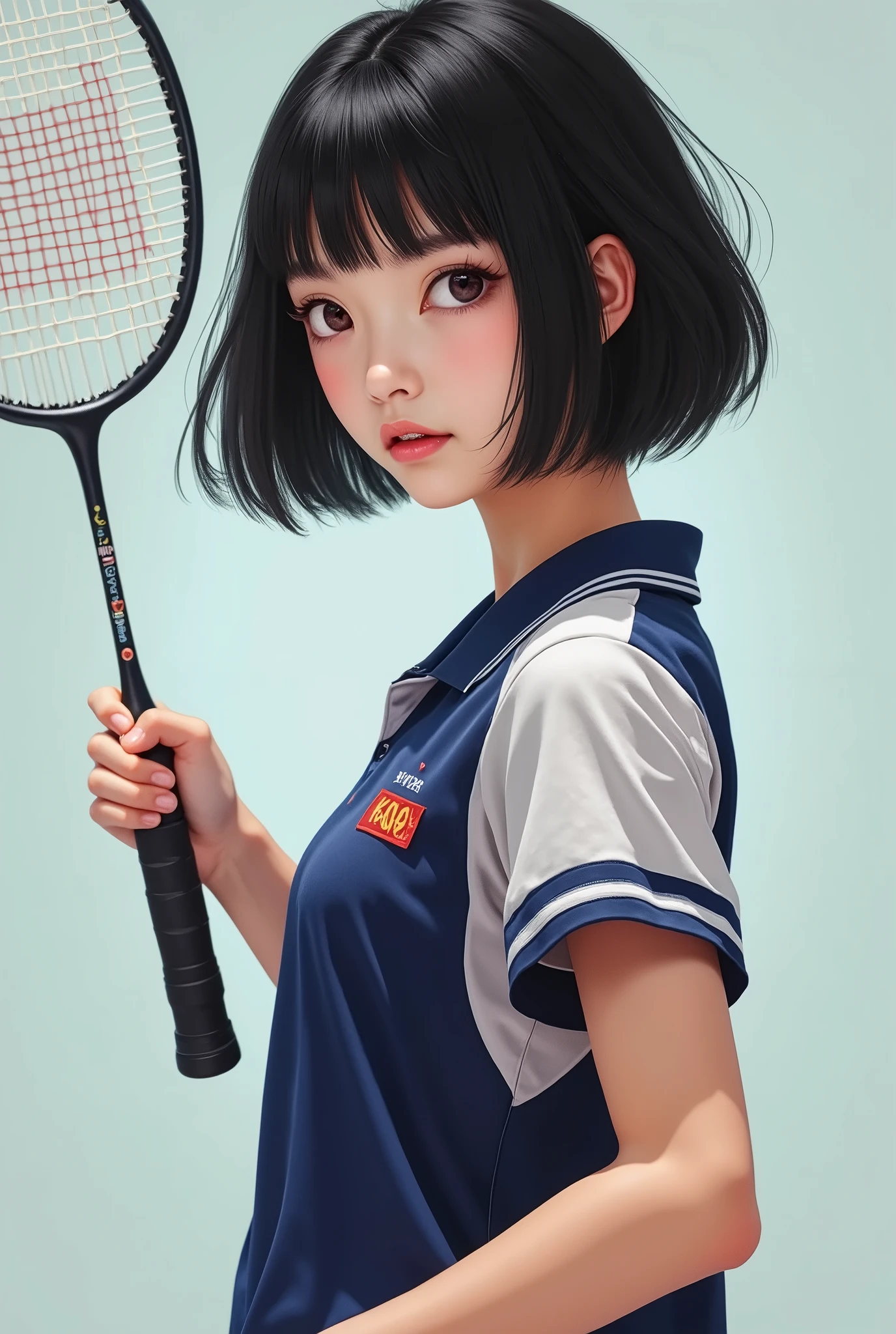 live-action、 real、Badminton player 、 very beautiful japanese schoolgirl、Black Hair、 short bob hair、 Japanese badminton team uniform、badminton racket、Get Ready、 Dynamic Poses 、profile、