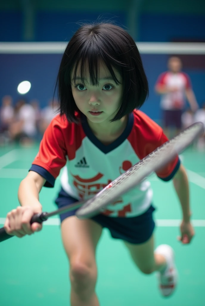 live-action、 real、Badminton player 、 very beautiful japanese schoolgirl、Black Hair、 short bob hair、 Japanese badminton team uniform、badminton racket、I can't reach it at the last minute、 Dynamic Poses 、profile、