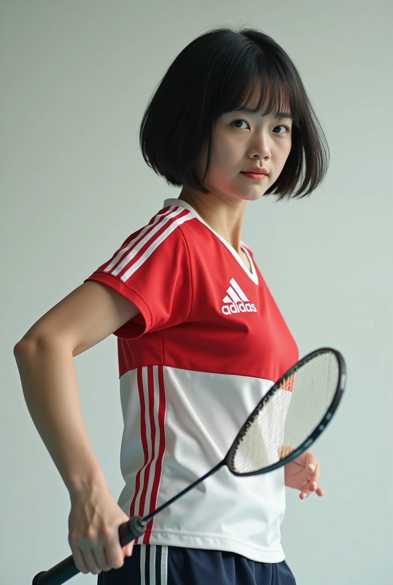 live-action、 real、Badminton player 、 very beautiful japanese schoolgirl、Black Hair、 short bob hair、 Japanese badminton team uniform、badminton racket、Get Ready、 Dynamic Poses 、profile、gyro