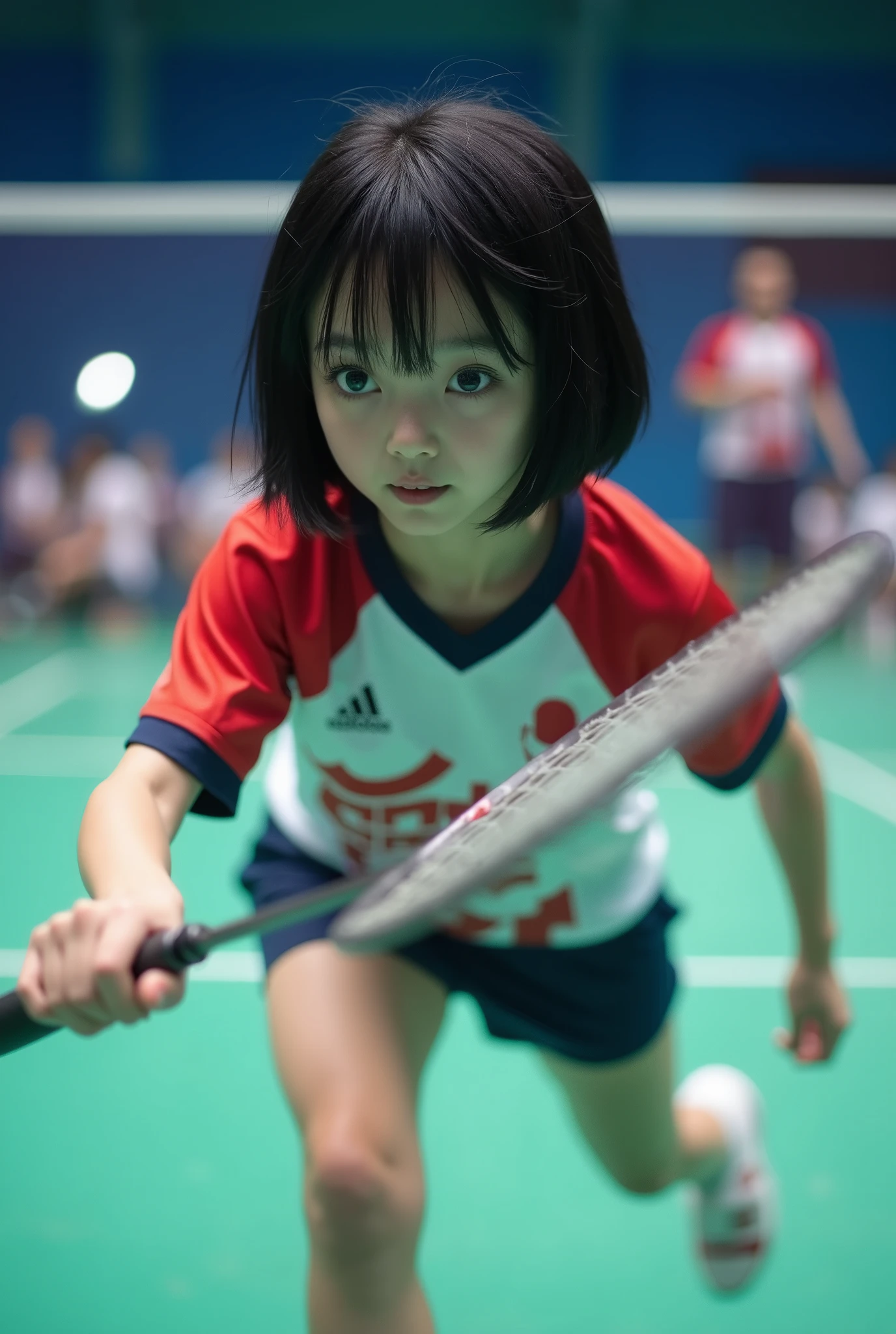 live-action、 real、Badminton player 、 very beautiful japanese schoolgirl、Black Hair、 short bob hair、 Japanese badminton team uniform、badminton racket、I can't reach it at the last minute、 Dynamic Poses 、profile、