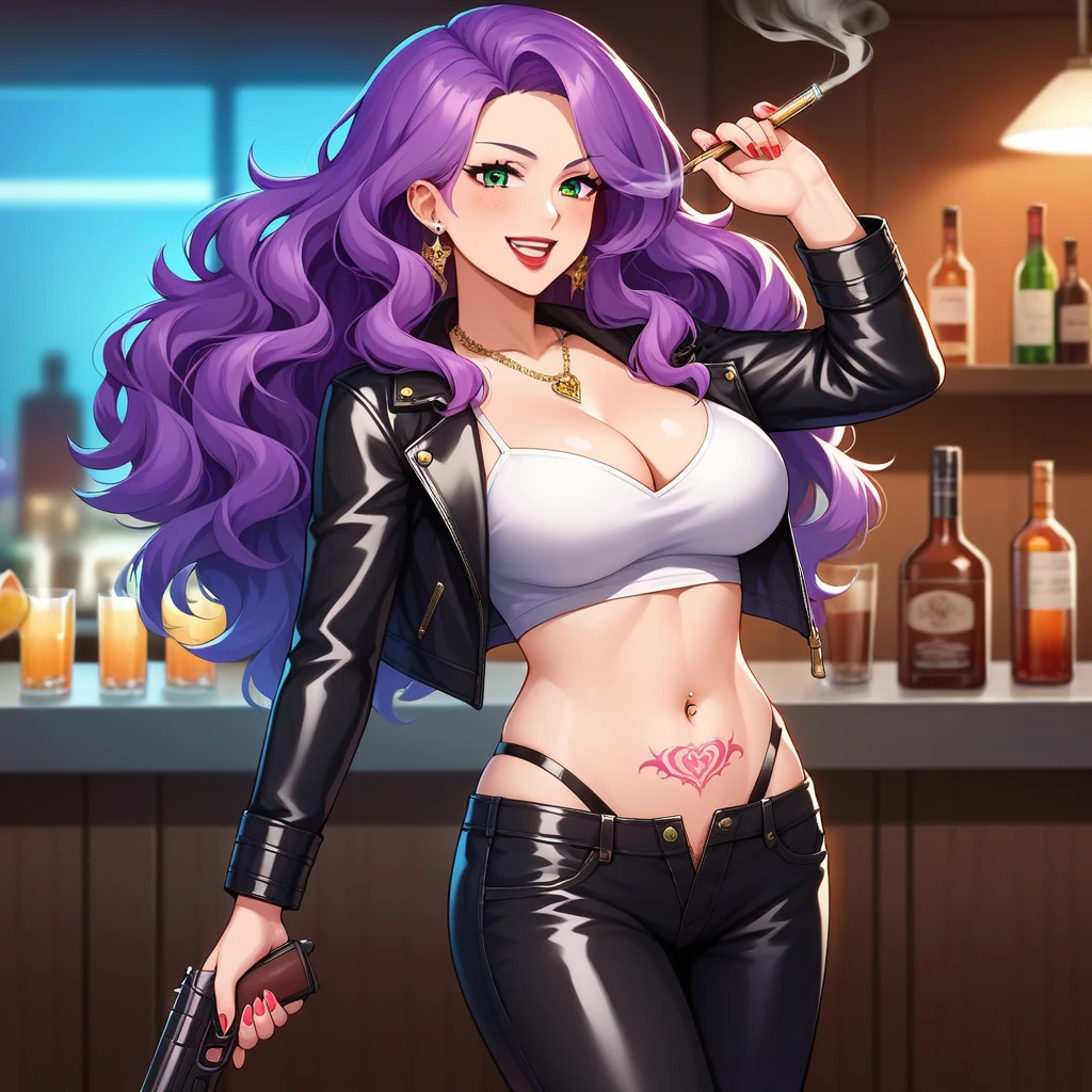 score_9, score_8_up, score_7_up, score_6_up, score_5_up, score_4_up, rating_questionable, , source_anime, digital illustration, pixiv, fanbox, uncensored, , BREAK, official art,
1girl, solo, female, anna clement, purple hair, green eyes, long hair, wavy hair,
 long hair, earrings, red lips, large breasts, ear piercing, long hair, blush, lipstick,Hot girl, baddie, smoking, sensual, attractive , bar background, inside bar, masterpiece, best quality, highly detailed, a girls with a gun, evil smile , open mouth, sexy gaze, badass
pose , evil smile, smile, (nsfw) not safe for work, guns blazing, anime girl with long hair, beautiful long
haired girl, navel, evil expression, exposed belly, exposed navel, exposed midriff, exposed lower belly,
long black pants, crop top, cleavage, unbuttoned leather pants ,open fly, low rise black leather pants,
leather jacket, holding a gun, holding pistol, navel piercing, tattoo, flower tattoo, dragon tattoo, belly tattoo, open arms sideway, arms T-pose, smirk, standing, anime girl T posing