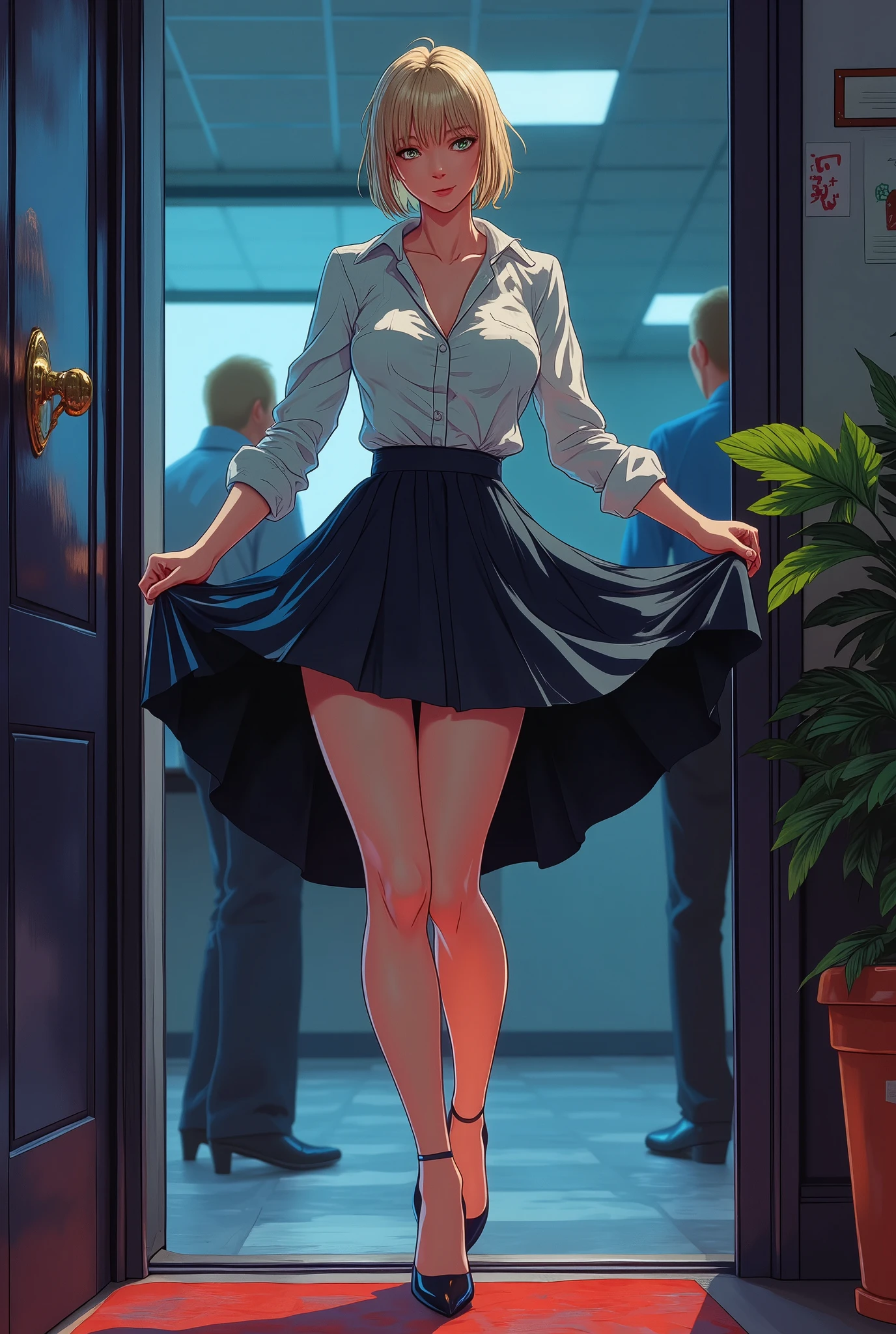 ne0nfant4sy, a beautiful girl, 1girl, short blonde hair, slim figure, hot,sexy office outfit, micro skirt, high heels, photo-realistic, 4k, hyperrealistic, highly detailed, intricate details, dramatic lighting, cinematic, american comic book style, vibrant colors, dynamic pose, walks out of the office, 3 co-workers watching, open blouse, raised skir,   looking at the viewer, seductive smile, inviting smile, 