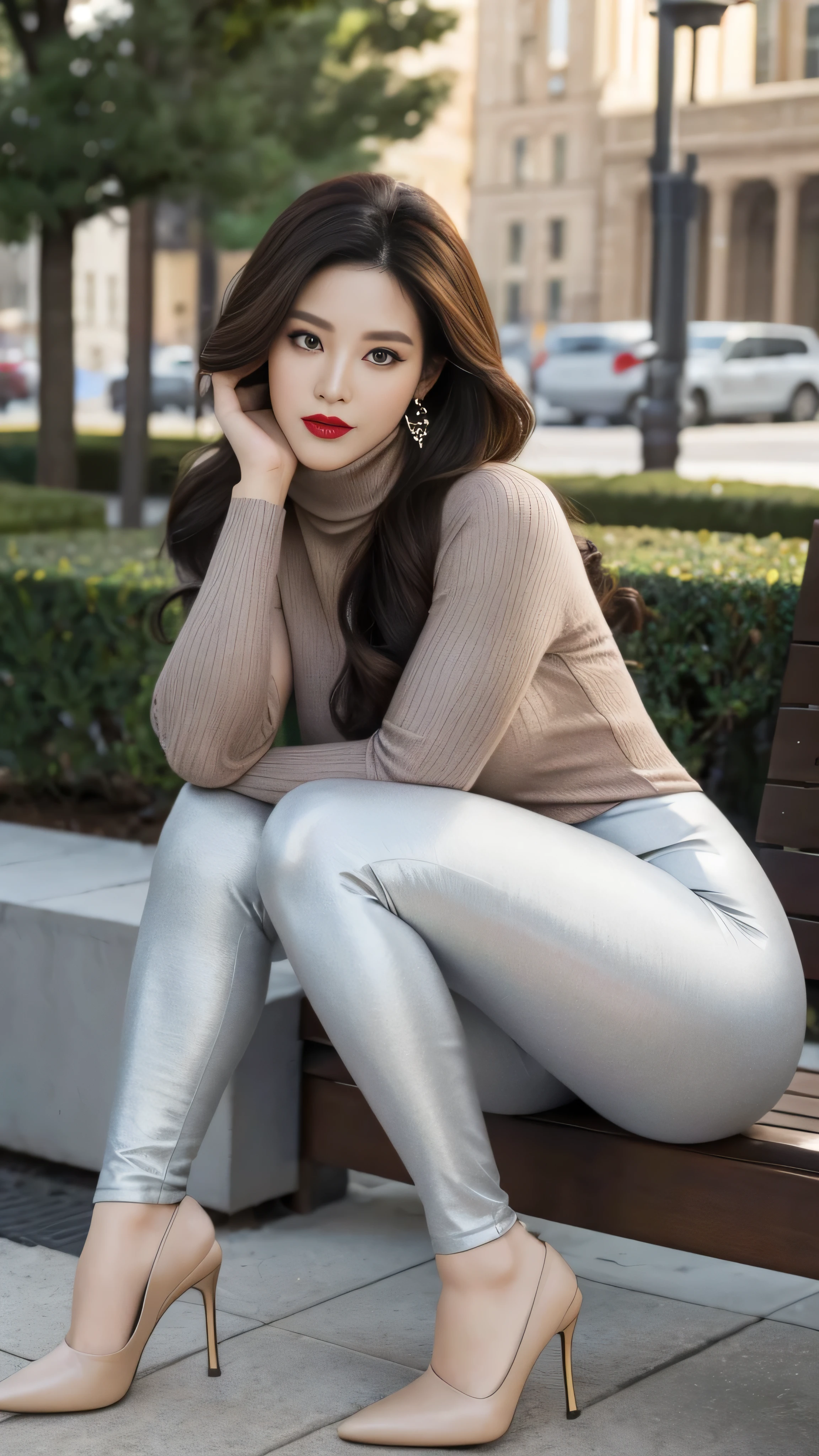Chinese Mature Women , Park Background, Light brown dress (No cleavage), thigh, cosmetic, (Lipstick: 1.1), (Eyeliner: 1.2), Mascara, Eyeshadow, Outdoor Activities, earrings, necklace,random color reflective leggings, Wrinkles around the corners of the eyes, Mouth lines, Turtleneck sweater, Full body photo, 35 years old, big eyes, Elegant temperament, (masterpiece: 1.2, is the best quality), actual, (Reality, 45 years old, intricate details , Depth of Field, Turtleneck clothes), careful, Very detailed content, this is a perfect face , perfect figure , Large Model, Mature Women , 8K, is the best quality, masterpiece, Ultra High Resolution , (actual的: 1.4), original photo, [Stay focused, rich details, dramatic, delicate beauty, Long curly hair, dynamic angle , (Red lips), Beautiful graphics, High heel