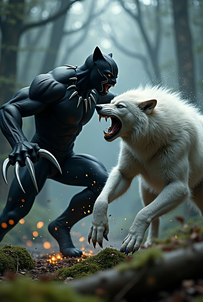 The imposing superhero Black Panther faces off against a fierce, majestic panther.. Both figures exude raw power as they prepare for a fusion, Surrounded by whirlwinds, Mystic energies in a dense jungle atmosphere. The anticipation of their fusion is palpable, with purple and blue auras that begin to intertwine