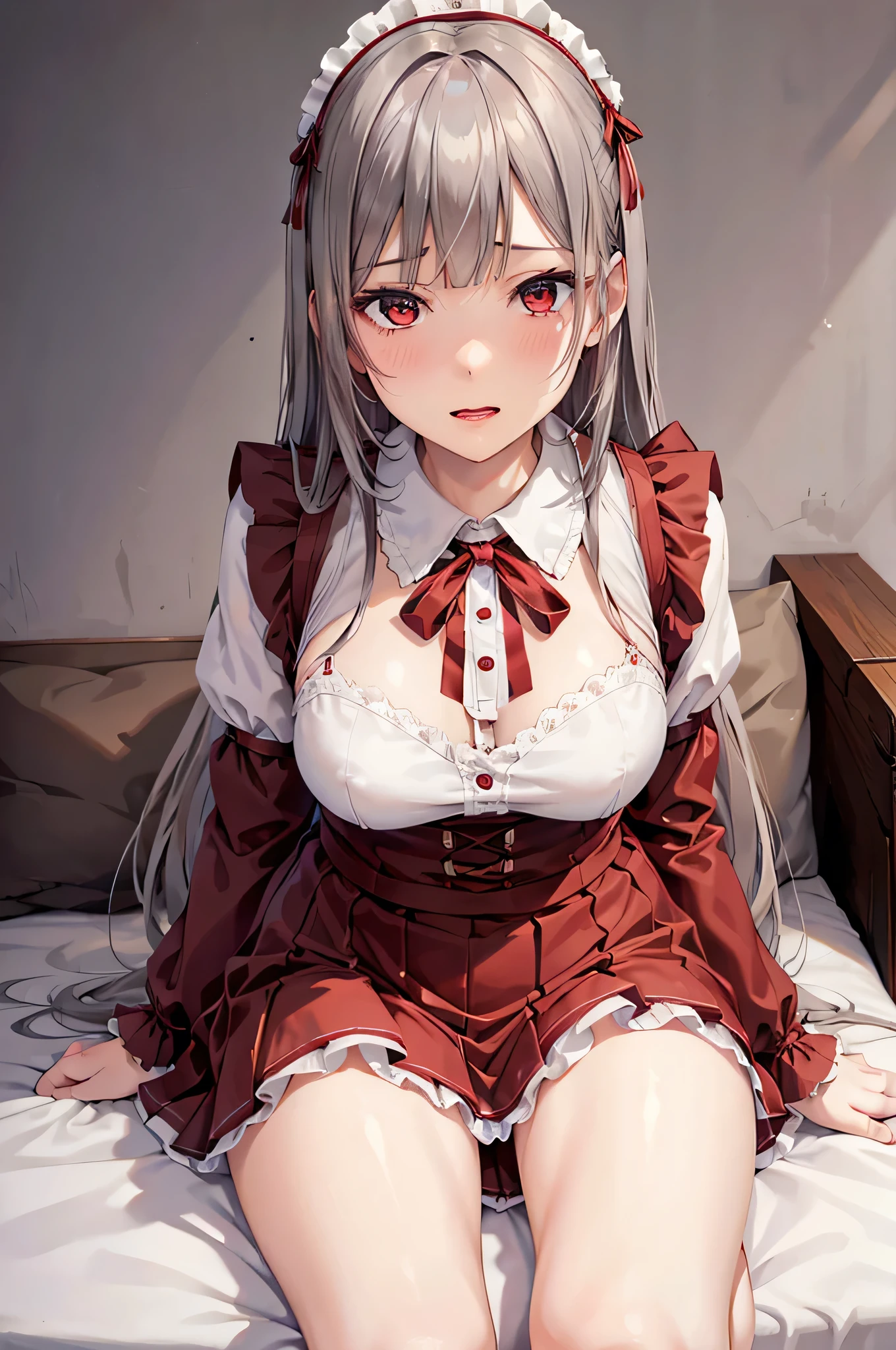  adult woman laughing, Alone,  sexy,8K resolution,((Best Quality)), super high resolution, (Sad face), (Red eyes),  Beautiful Symmetrical Face , ( silvery long hair), maid clothes, Miniskirt,Maid Cufflinks,Realistic:1.4,Realistic:1.4,(masterpiece:1.2), perfect eyes,Perfect Eyes, Anatomically Correct Human Body ,Perfect waist,Perfect thighs,(Open your mouth:0.8), panties,Sit with your feet on your side,(tongue:0.8),saliva,Sigh,Disarray