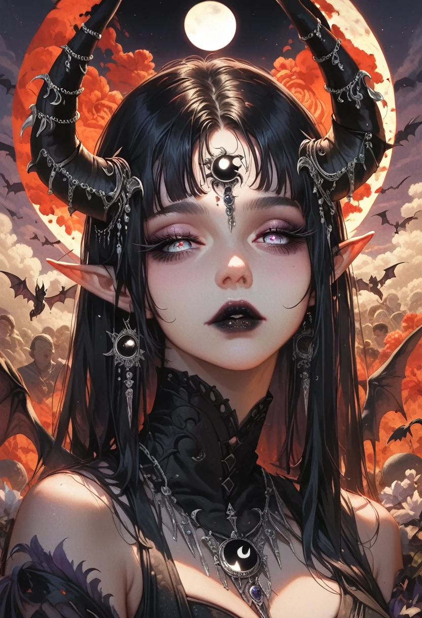 ((Masterpiece)), ((highres)), ((lunar eclipse background)), beautifully detailed woman, succubus female, long black hair, elf ears, detailed eyes, grey iris, long eyelashes, detailed facial features, black lipstick, demon horns, black jewels, large breast