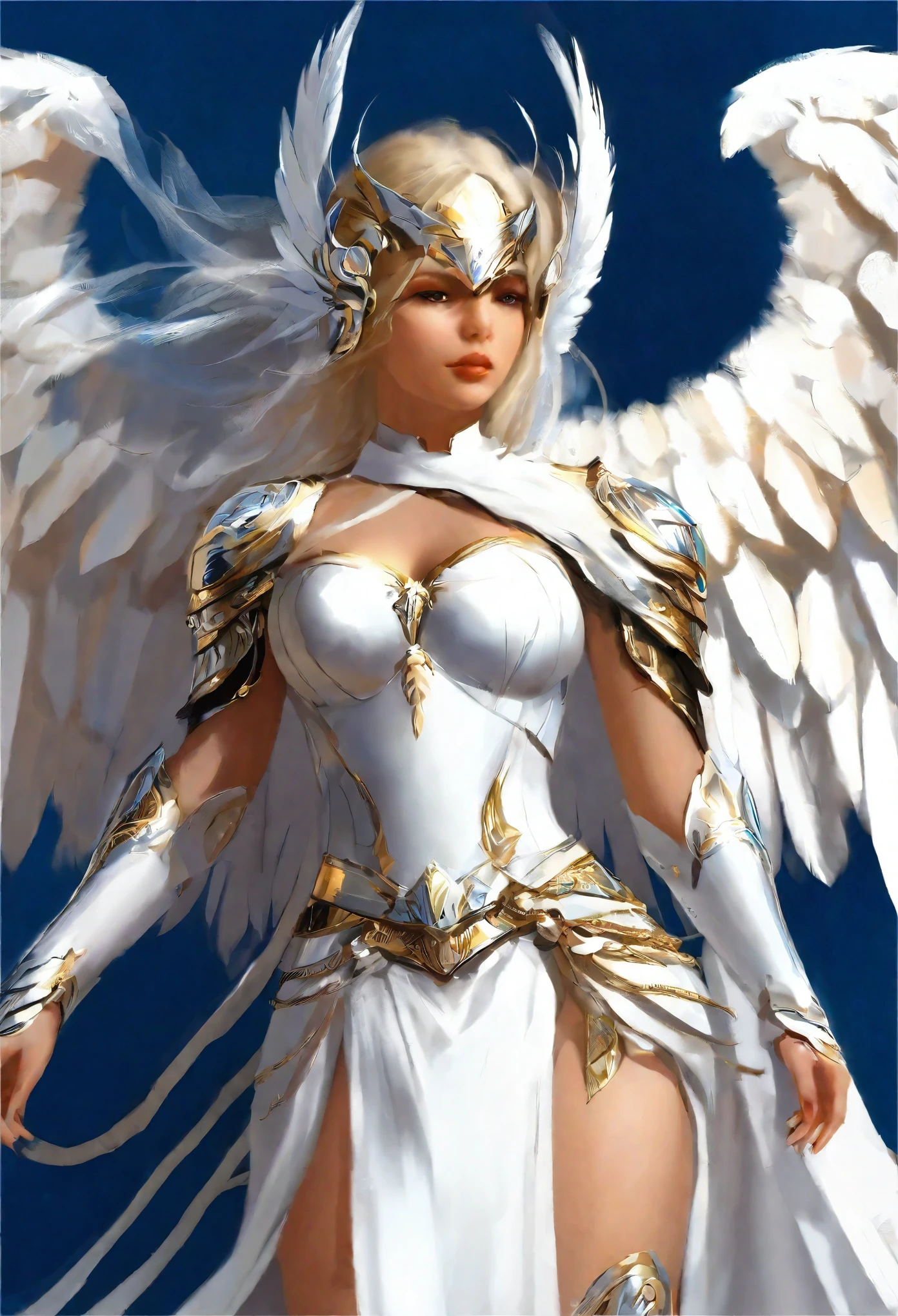 1 female angel，White cape showing at waist_wings armor feathers_Long wing feathers_Hair Shoulders Armor Shoulders_Single piece of armor_Upper wing separation_The body is white_Theme blue_Wings Wings