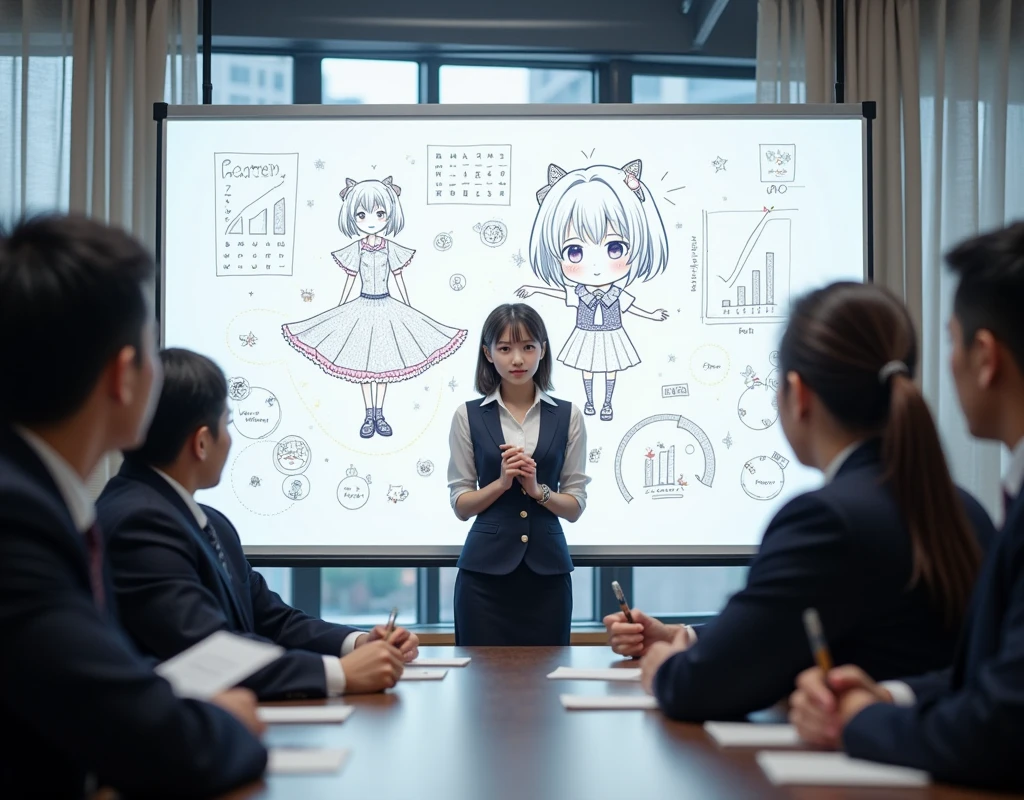 ultra-realistic, photorealistic, dramatic scene, shadow, global-illumination, solo, (20 years old Japanese famous idol girl:1.5), very beautiful fragile Japanese girl, very beautiful with very cute but boyish cool face, she is Japanese office worker, wearing office worker's uniform, She is in a conference room with members of her company's board of directors, She is presenting her new business plan in front of a whiteboard, She draws very realistic smiled Chibi-anime-girl on a large whiteboard using only magic markers, window with curtain, A magnificent work using the blackboard as a canvas, many difficult graphs and other description of the business plans are on the whiteboard, 