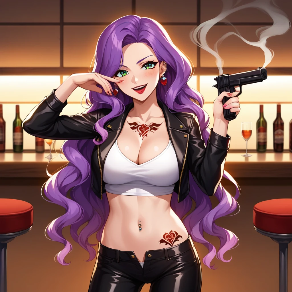 score_9, score_8_up, score_7_up, score_6_up, score_5_up, score_4_up, rating_questionable, , source_anime, digital illustration, pixiv, fanbox, uncensored, , BREAK, official art,
1girl, solo, female, anna clement, purple hair, green eyes, long hair, wavy hair,
 long hair, earrings, red lips, large breasts, ear piercing, long hair, blush, lipstick,Hot girl, baddie, smoking, sensual, attractive , bar background, inside bar, masterpiece, best quality, highly detailed, a girls with a gun, evil smile , open mouth, sexy gaze, badass
pose , evil smile, smile, (nsfw) not safe for work, guns blazing, anime girl with long hair, beautiful long
haired girl, navel, evil expression, exposed belly, exposed navel, exposed midriff, exposed lower belly,
long black pants, crop top, cleavage, unbuttoned leather pants ,open fly, low rise black leather pants,
leather jacket, holding a gun, holding pistol, navel piercing, tattoo, flower tattoo, rose tattoo, midriff tattoo, open arms sideway, arms T-pose, smirk, standing, anime girl T posing