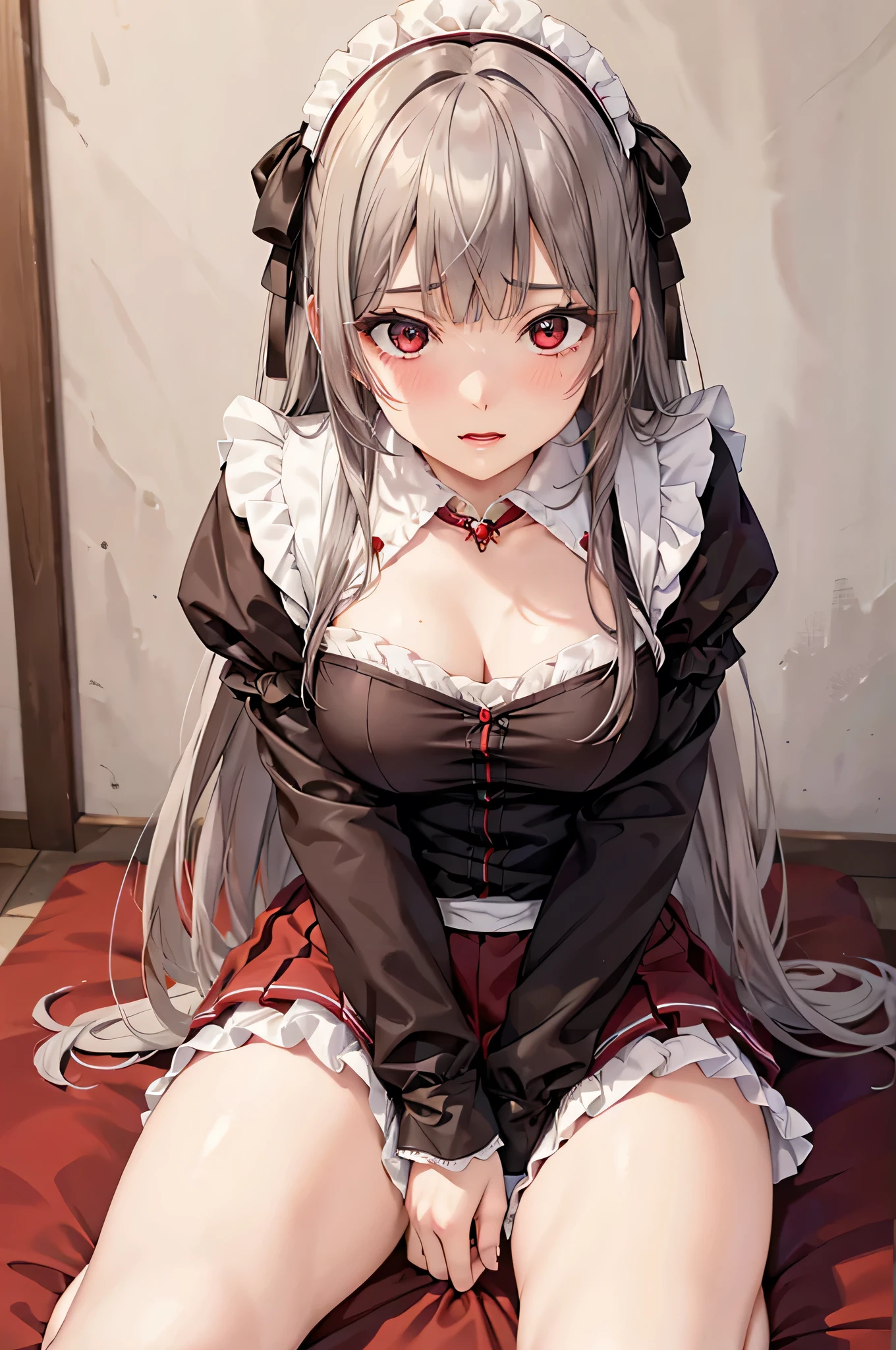  adult woman laughing, Alone,  sexy,8K resolution,((Best Quality)), super high resolution, (Sad face), (Red eyes),  Beautiful Symmetrical Face , ( silvery long hair), maid clothes, Miniskirt,Maid Cufflinks,Realistic:1.4,Realistic:1.4,(masterpiece:1.2), perfect eyes,Perfect Eyes, Anatomically Correct Human Body ,Perfect waist,Perfect thighs,(Open your mouth:0.8), panties,Sit with your feet on your side,(tongue:0.8),saliva,Sigh,Disarray