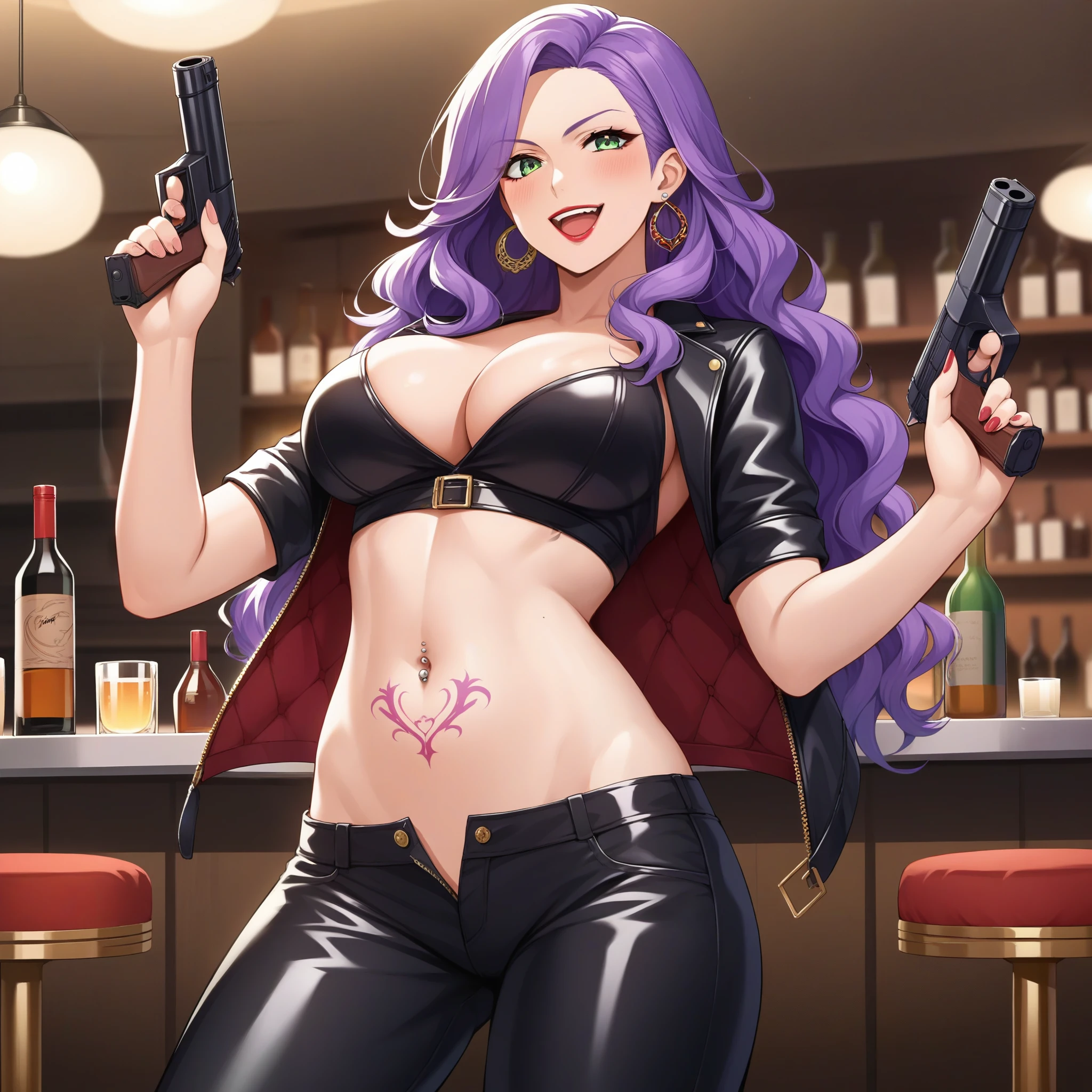 score_9, score_8_up, score_7_up, score_6_up, score_5_up, score_4_up, rating_questionable, , source_anime, digital illustration, pixiv, fanbox, uncensored, , BREAK, official art,
1girl, solo, female, anna clement, purple hair, green eyes, long hair, wavy hair,
 long hair, earrings, red lips, large breasts, ear piercing, long hair, blush, lipstick,Hot girl, baddie, smoking, sensual, attractive , bar background, inside bar, masterpiece, best quality, highly detailed, a girls with a gun, evil smile , open mouth, sexy gaze, badass
pose , evil smile, smile, (nsfw) not safe for work, guns blazing, anime girl with long hair, beautiful long
haired girl, navel, evil expression, exposed belly, exposed navel, exposed midriff, exposed lower belly,
long black pants, crop top, cleavage, unbuttoned leather pants ,open fly, low rise black leather pants,
leather jacket, holding a gun, holding pistol, navel piercing, tattoo, flower tattoo, dragon tattoo, belly tattoo, open arms sideway, arms T-pose, smirk, standing, anime girl T posing