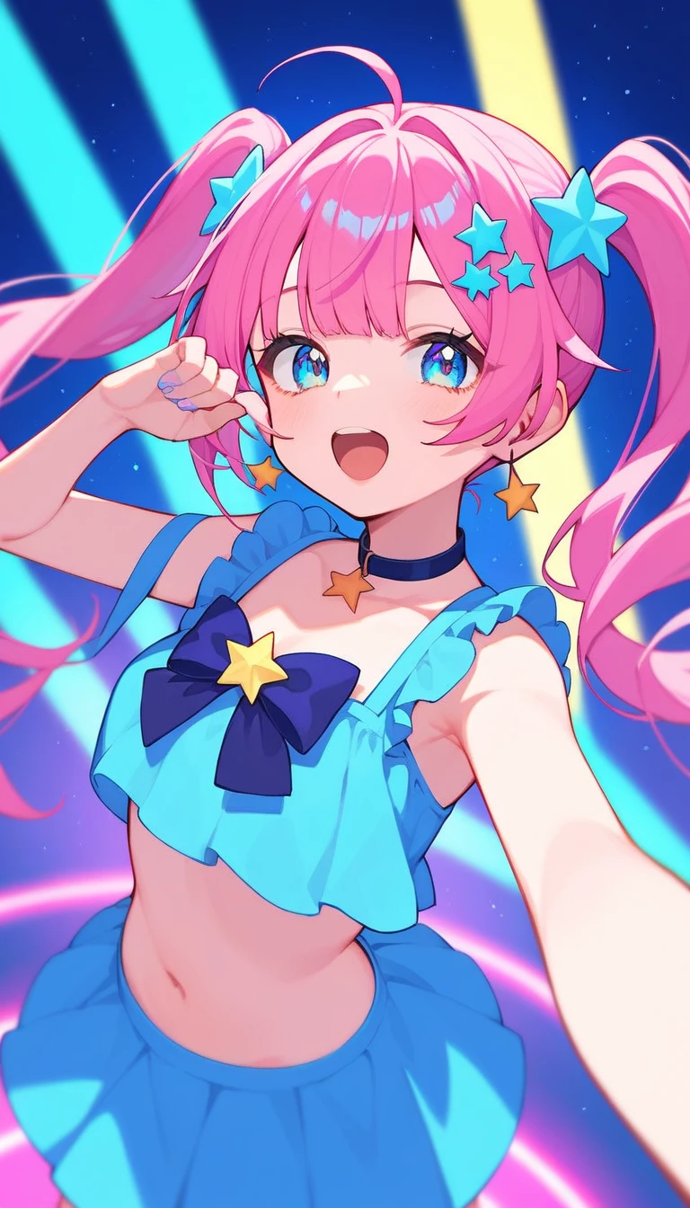   portrait of Virtual Idol, pastel colors, open mouth, long hair, star , (symbol), star hair ornament, hair ornament, twintails, looking at viewer, blue eyes, pastel neon lighting, source_anime, neon, neon theme, On a stage set up above a huge city, a 3D projected virtual idol is singing and dancing, and the crowd goes wild for her dynamic performance,