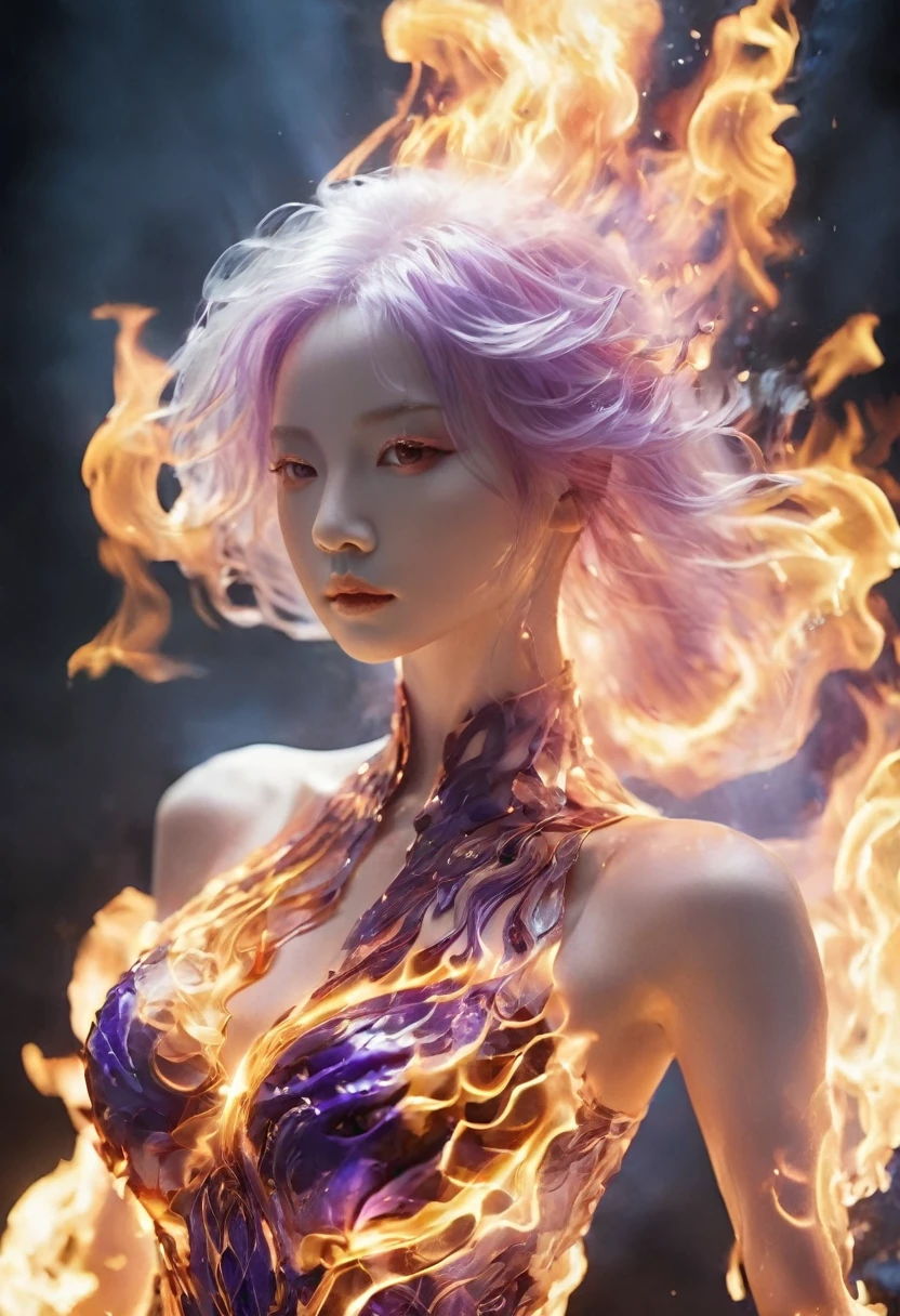 (Flame/flame/loimu，dynamic scene:1.3)，studio photo, Beautiful robot metal woman standing alone, strange fantasy images, Strange purple rock, The beautiful, Detailed white hair, long and flowing hair, medium, great skin texture