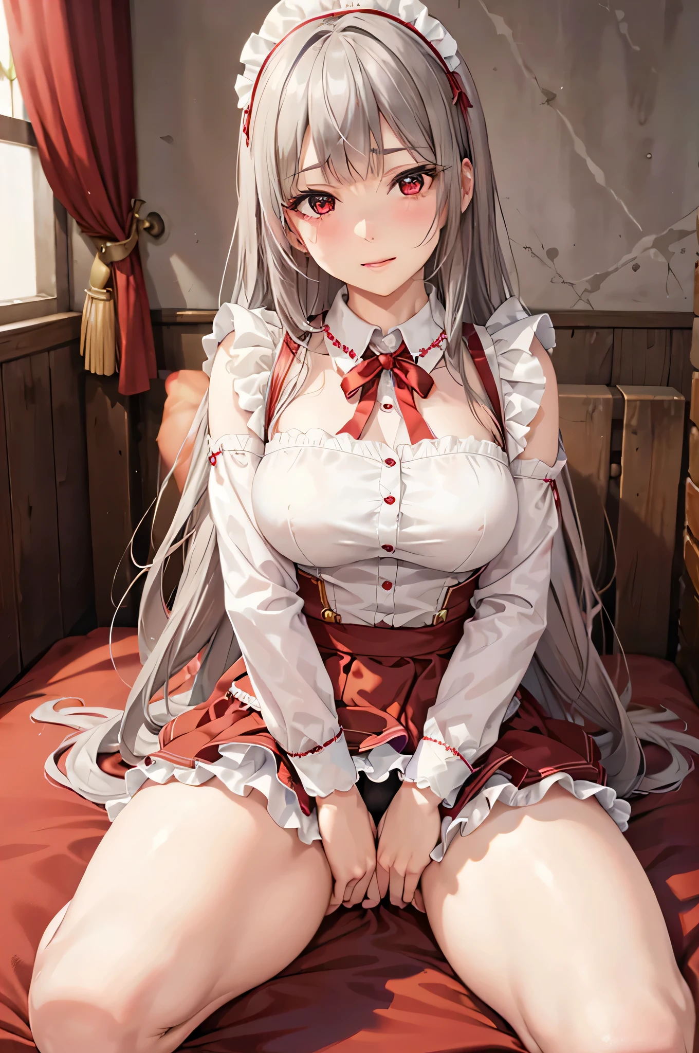  adult woman laughing, Alone,  sexy,8K resolution,((Best Quality)), super high resolution, (Sad face), (Red eyes),  Beautiful Symmetrical Face , ( silvery long hair), maid clothes, Miniskirt,Maid Cufflinks,Realistic:1.4,Realistic:1.4,(masterpiece:1.2), perfect eyes,Perfect Eyes, Anatomically Correct Human Body ,Perfect waist,Perfect thighs,(Open your mouth:0.8), panties,Sit with your feet on your side,(tongue:0.8),saliva,Sigh,Disarray