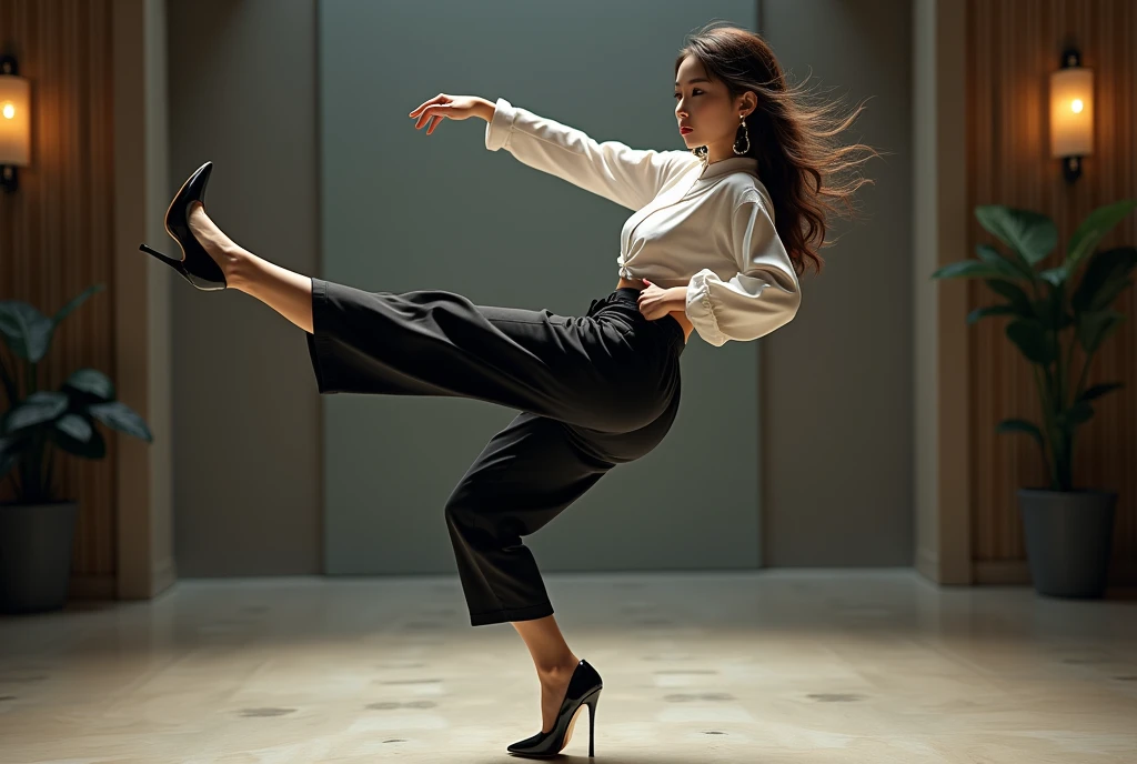  karate pose, Karate kick , Full body, solon,  woman of 007 , in  Pub , (1 Scottish woman , 30 age old ,(gold hair, short cut, serious, glare at man), ((wearing  Navy Blue blazer jacket, white turtleneck sweater,  Navy Blue pants, brown shoes :1.3)) , ((super detail, high details, high quality, accurate, anatomically correct, textured skin, beautiful fingers super detail, high details, high quality, best quality))