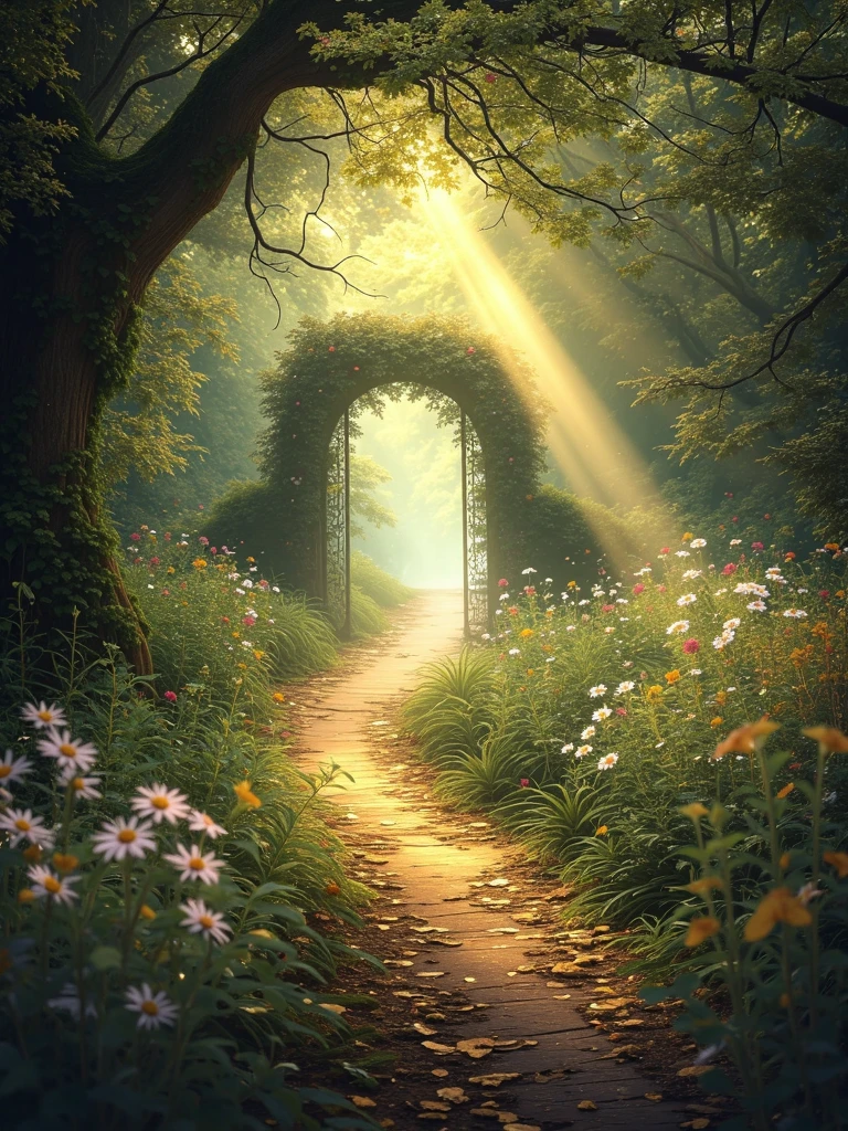 Visualize a tranquil and serene scene displaying an overgrown trail that winds its way through a lush, thick forest towards an inviting gateway of light. The gateway signifies the entrance to a paradise, glowing with a multitude of soothing colors suggesting peace and success. The path is lined with an abundance of wildflowers and verdant greenery, strewn with leaves that shimmer with dew. A gentle beam of sunlight filters through the canopy, casting a warm, soft glow on the trail, inviting the viewer to embark on the journey towards achievement and paradise.