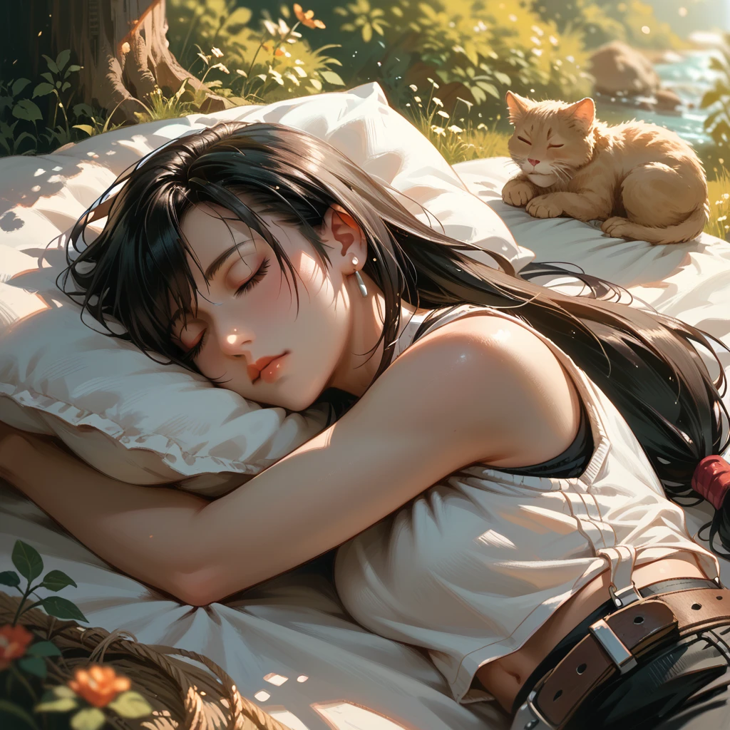  one girl playing pranks , masterpiece, Best Quality,  Tifa Lockhart  、 high resolution on down、In the woods、 Light Shines In 、Sleeping