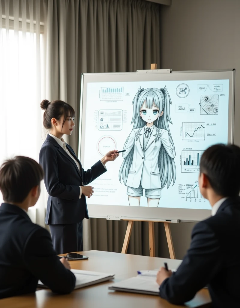 ultra-realistic, photorealistic, dramatic scene, shadow, global-illumination, solo, (20 years old Japanese famous idol girl:1.5), very beautiful fragile Japanese girl, very beautiful with very cute but boyish cool face, she is Japanese office worker, wearing office worker's uniform, She is in a conference room with members of her company's board of directors, She is presenting her new business plan in front of a whiteboard, She draws very realistic smiled Chibi-anime-girl on a large whiteboard using only magic markers, window with curtain, A magnificent work using the blackboard as a canvas, many difficult graphs and other description of the business plans are on the whiteboard, 