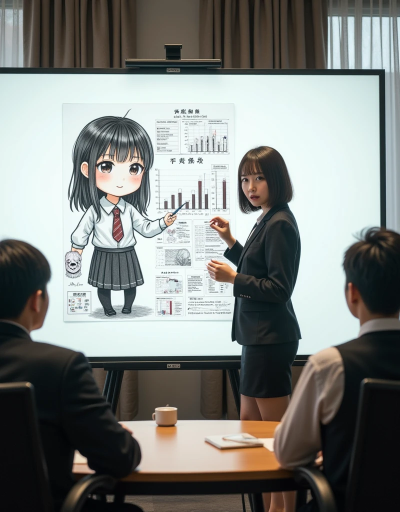 ultra-realistic, photorealistic, dramatic scene, shadow, global-illumination, solo, (20 years old Japanese famous idol girl:1.5), very beautiful fragile Japanese girl, very beautiful with very cute but boyish cool face, she is Japanese office worker, wearing office worker's uniform, She is in a conference room with members of her company's board of directors, She is presenting her new business plan in front of a whiteboard, She draws very realistic smiled Chibi-anime-girl on a large whiteboard using only magic markers, window with curtain, A magnificent work using the blackboard as a canvas, many difficult graphs and other description of the business plans are on the whiteboard, 