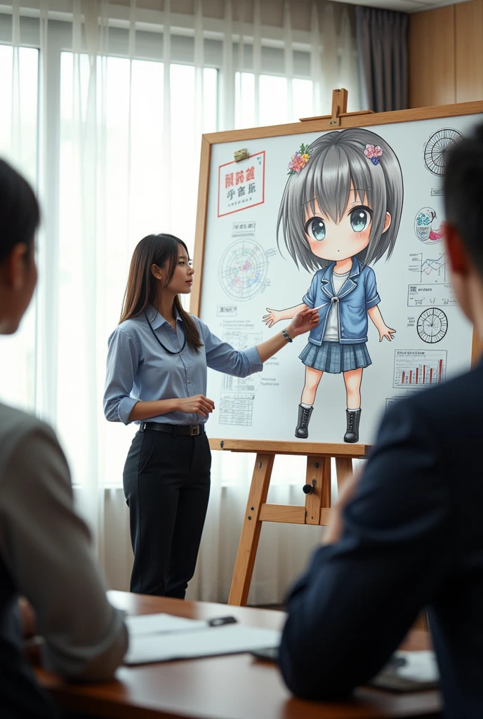 ultra-realistic, photorealistic, dramatic scene, shadow, global-illumination, solo, (20 years old Japanese famous idol girl:1.5), very beautiful fragile Japanese girl, very beautiful with very cute but boyish cool face, she is Japanese office worker, wearing office worker's uniform, She is in a conference room with members of her company's board of directors, She is presenting her new business plan in front of a whiteboard, She draws very realistic smiled Chibi-anime-girl on a large whiteboard using only magic markers, window with curtain, A magnificent work using the blackboard as a canvas, many difficult graphs and other description of the business plans are on the whiteboard, 