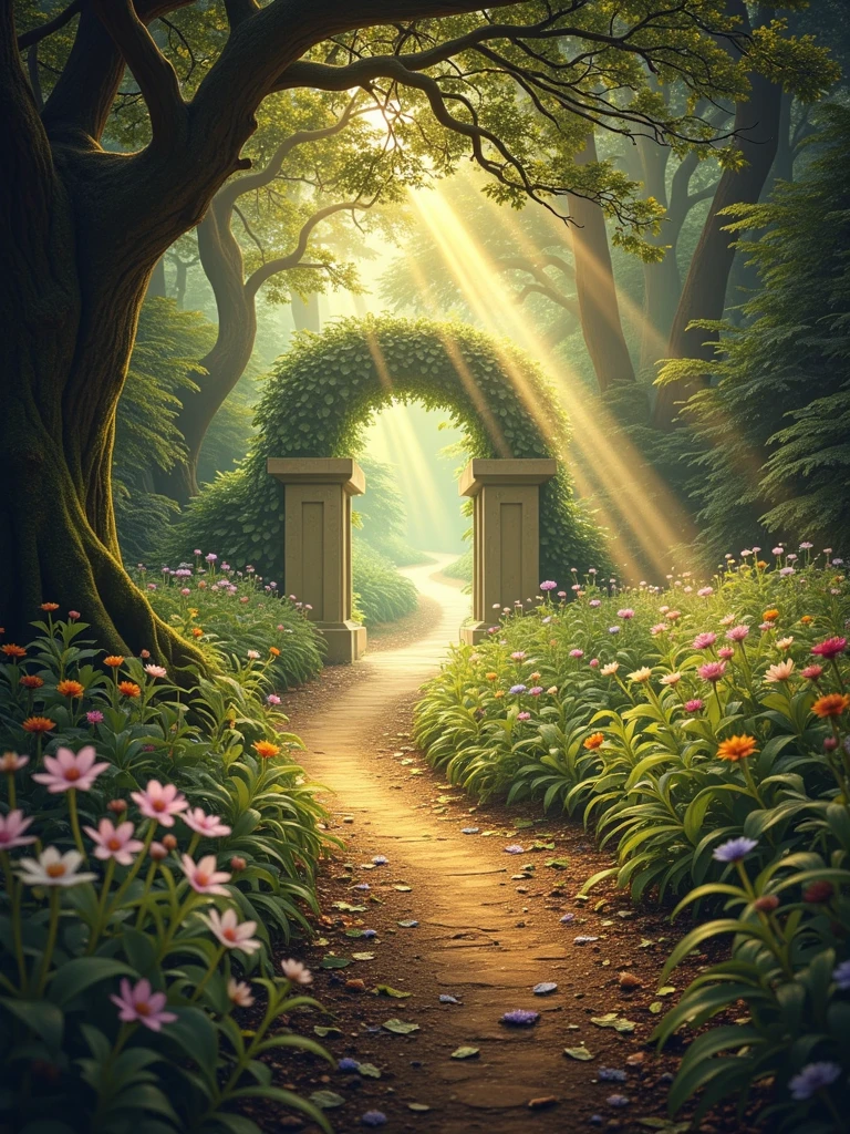 Visualize a tranquil and serene scene displaying an overgrown trail that winds its way through a lush, thick forest towards an inviting gateway of light. The gateway signifies the entrance to a paradise, glowing with a multitude of soothing colors suggesting peace and success. The path is lined with an abundance of wildflowers and verdant greenery, strewn with leaves that shimmer with dew. A gentle beam of sunlight filters through the canopy, casting a warm, soft glow on the trail, inviting the viewer to embark on the journey towards achievement and paradise.