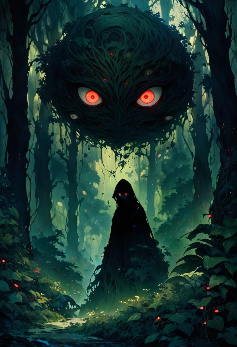 silhouette mysterious eyes strarings from bushes, (glowings eyes:1.5),hidden creatures, Dark forest, Forest, large tree, dense foliage, surreal, dramatic, eerie, many eyes, best quality