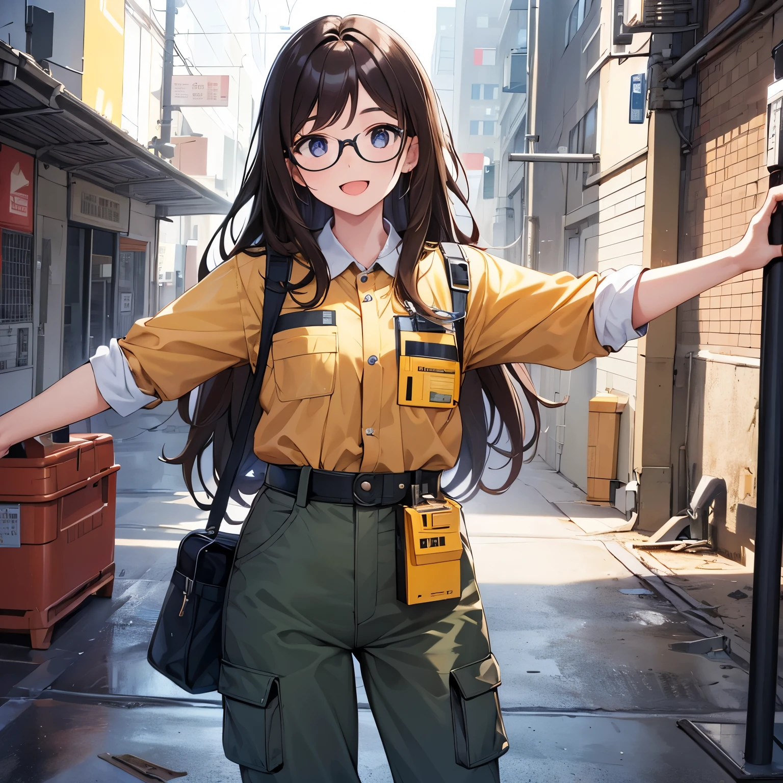 Top quality, best picture, 1080p, 8K, masterpiece, top notch, perfect face, high definition, one of a kind, full body, glossy, reflection, work clothes, long pants, toned body, close up, construction site, metal, protective clothing, helmet, safety vest, safety culture, yellow safety helmet, industrial fashion, dark brown long hair, (sparkling eyes), beautiful eyes, glasses, blue neck strap, rectangular employee ID with clear case, open mouth, cute big smile.