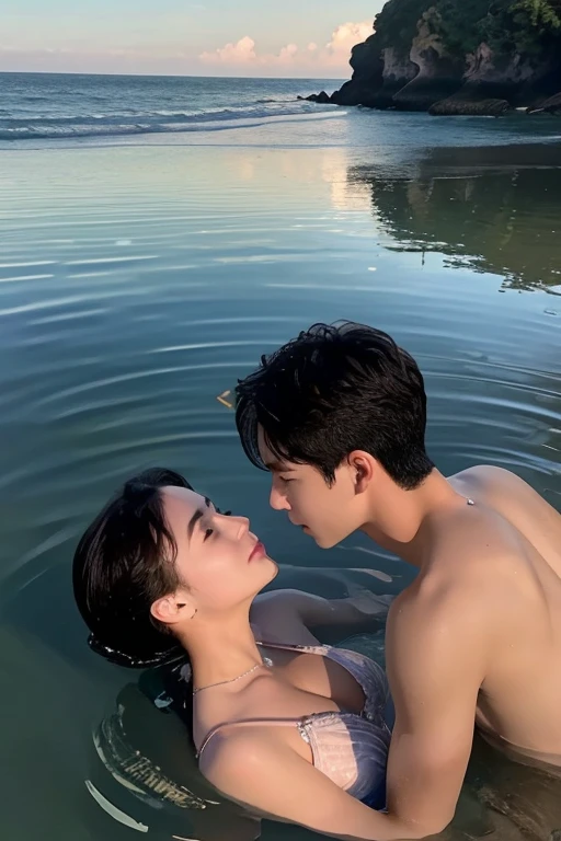 hyper realistic image of two men, a handsome 30 year old korean man with mature features sitting on top of a handsome 18 year old japanese man who is lying down, medium middle parting hair, kissing passionately with tongue, looking lovingly at each other, sunset in the background, lying on beautiful beach, side view, highly detailed, intricate details, sharp focus, romantic atmosphere, dramatic back lighting, dynamic shadows