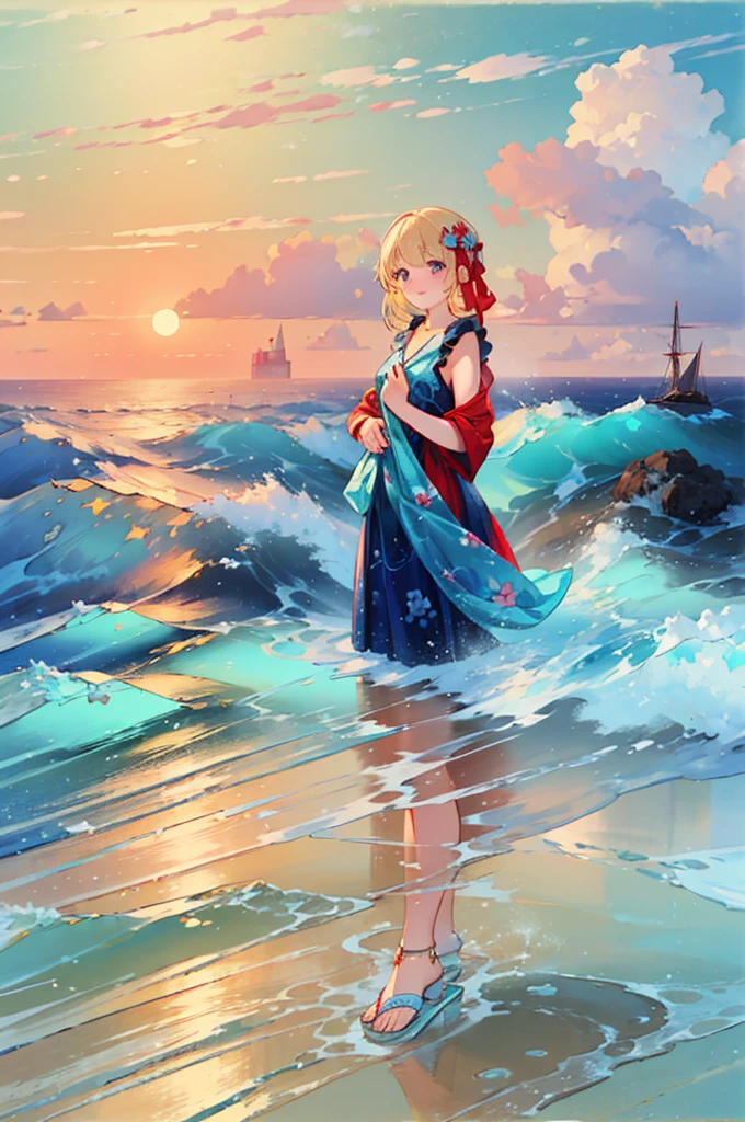 (8k,  super high quality, masterpiece), ( Details),  one woman, cute,  small breasts, blonde, Navy Blue Dress, Red floral pattern, Sandals, Hawaiian Dress, whole body, soaked,  like a , The best smile, sea, sea水浴, Water Drop,  soaked in water up to my chest, Lots of water, 