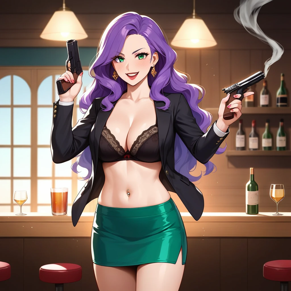 score_9, score_8_up, score_7_up, score_6_up, score_5_up, score_4_up, rating_questionable, , source_anime, digital illustration, pixiv, fanbox, uncensored, , BREAK, official art,
1girl, solo, female, anna clement, purple hair, green eyes, long hair, wavy hair,
 long hair, earrings, red lips, large breasts, ear piercing, long hair, blush, lipstick,Hot girl, baddie, smoking, sensual, attractive , bar background, inside bar, masterpiece, best quality, highly detailed, a girls with a gun, open mouth, blazer, sexy gaze, (nsfw) not
safe for work, badass pose , evil smile, smile, black bra, anime girl with long hair, long haired girl,
navel, evil expression, exposed belly, exposed navel, exposed midriff, exposed lower belly, micro
miniskirt, micro pencil skirt, pencil skirt ,holding a gun, holding pistol, navel piercing, open arms sideway, arms T-pose, smirk, standing, anime girl T posing