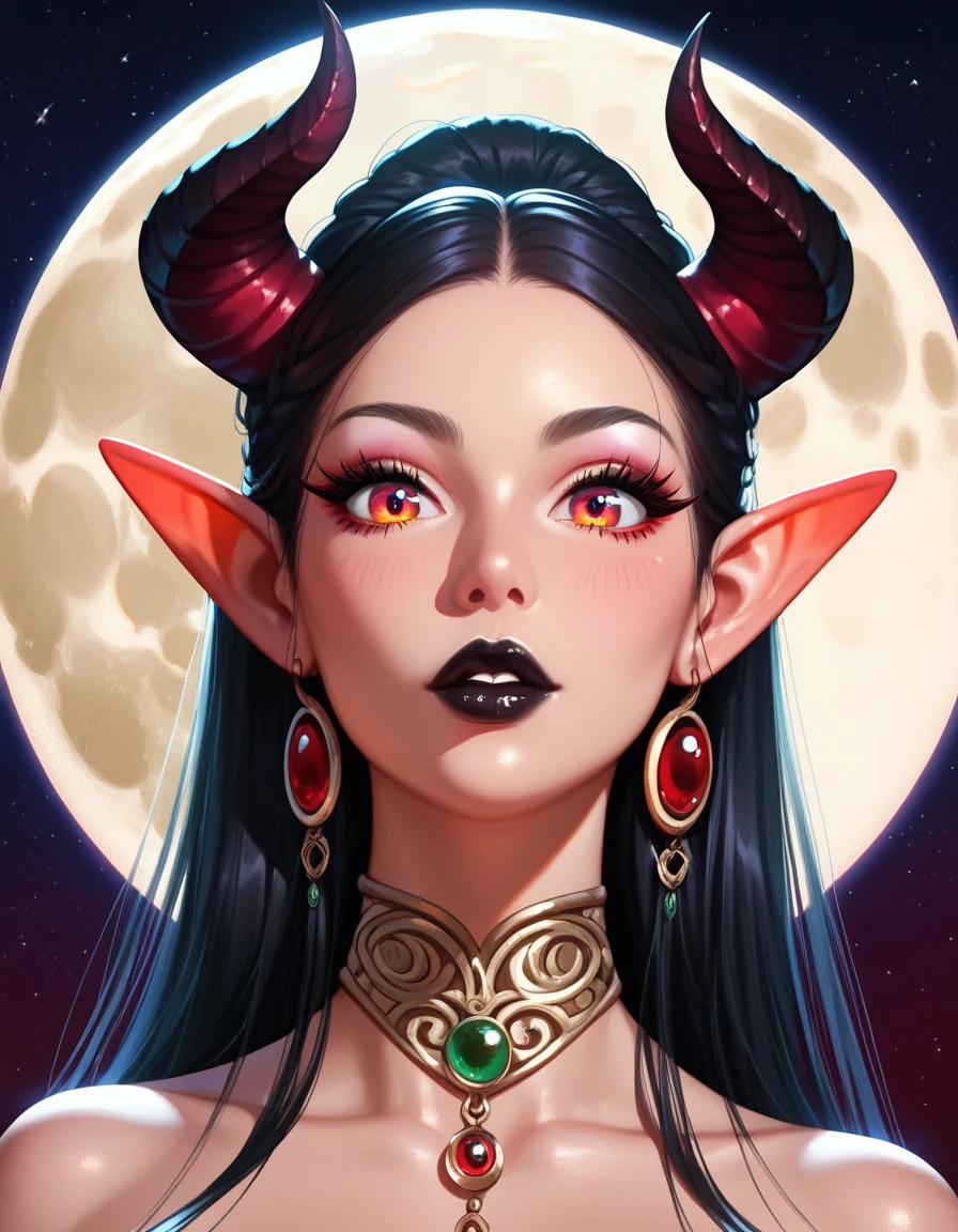 score_9, score_8_up, score_7_up, A beautifully detailed woman, succubus female, long black hair, elf ears, large eyes, red iris, long eyelashes, detailed facial features, black lipstick, demon horns, ((Moon background))
